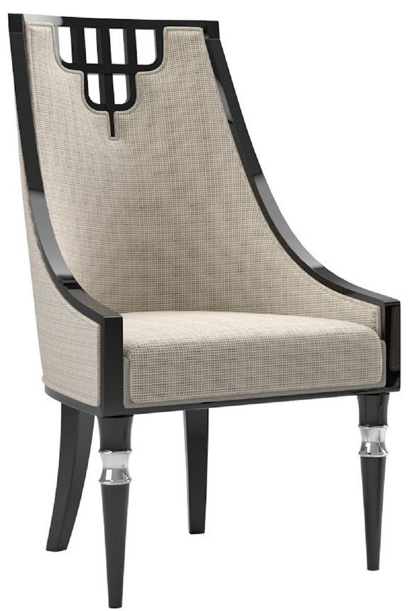 Casa Padrino Esszimmerstuhl Luxus Art Deco Esszimmerstuhl Beige / Schwarz / Silber - Handgefertigter Massivholz Küchenstuhl - Edle Art Deco Esszimmer Möbel