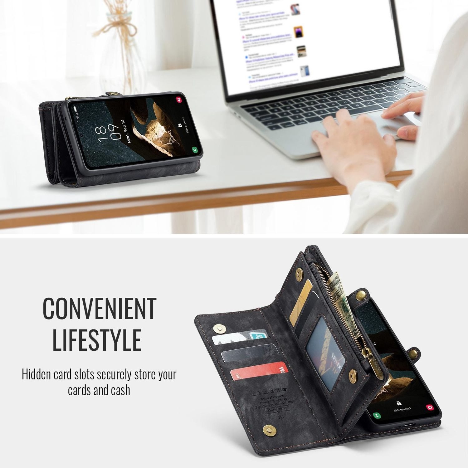 CaseMe Handyhülle Für Samsung Galaxy S25 Kunstleder Multifunktion Tasche Hülle Schwarz, Kunst-Leder Schutz Tasche Smart Case Multifunktion