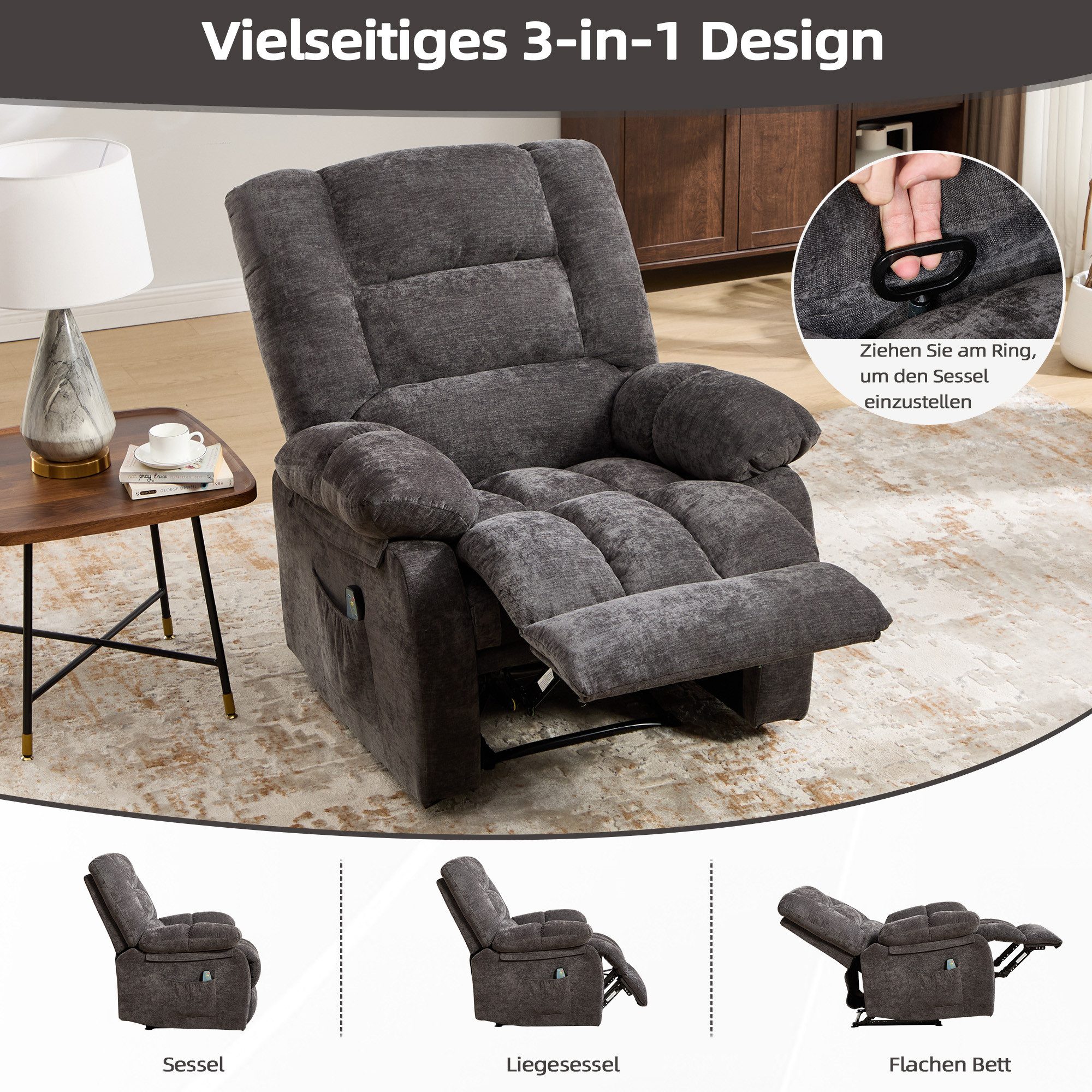 CANMOV Relaxsessel verstellbarer Massagesessel mit Liegefunktion und Wärmefunktion, Ergonomisch Lesesessel mit Seitentasche, 90°-160° – Bild 5 von 5