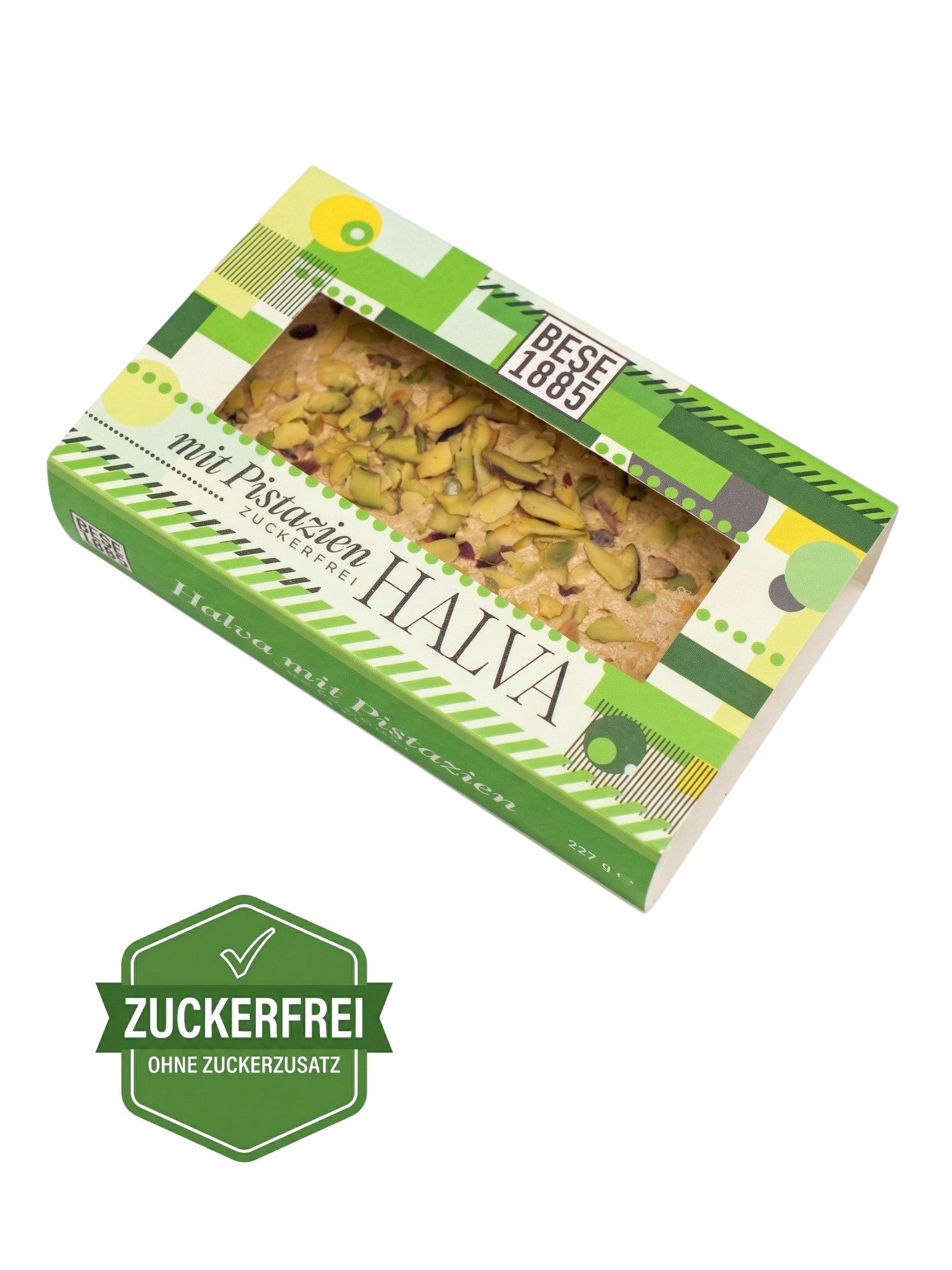 BESE1885 Süßigkeit Zuckerfreie Tahin Helva mit Pistazien & Datteln – 227g Premium Halwa, Ohne Glukosesirup, Palmöl
