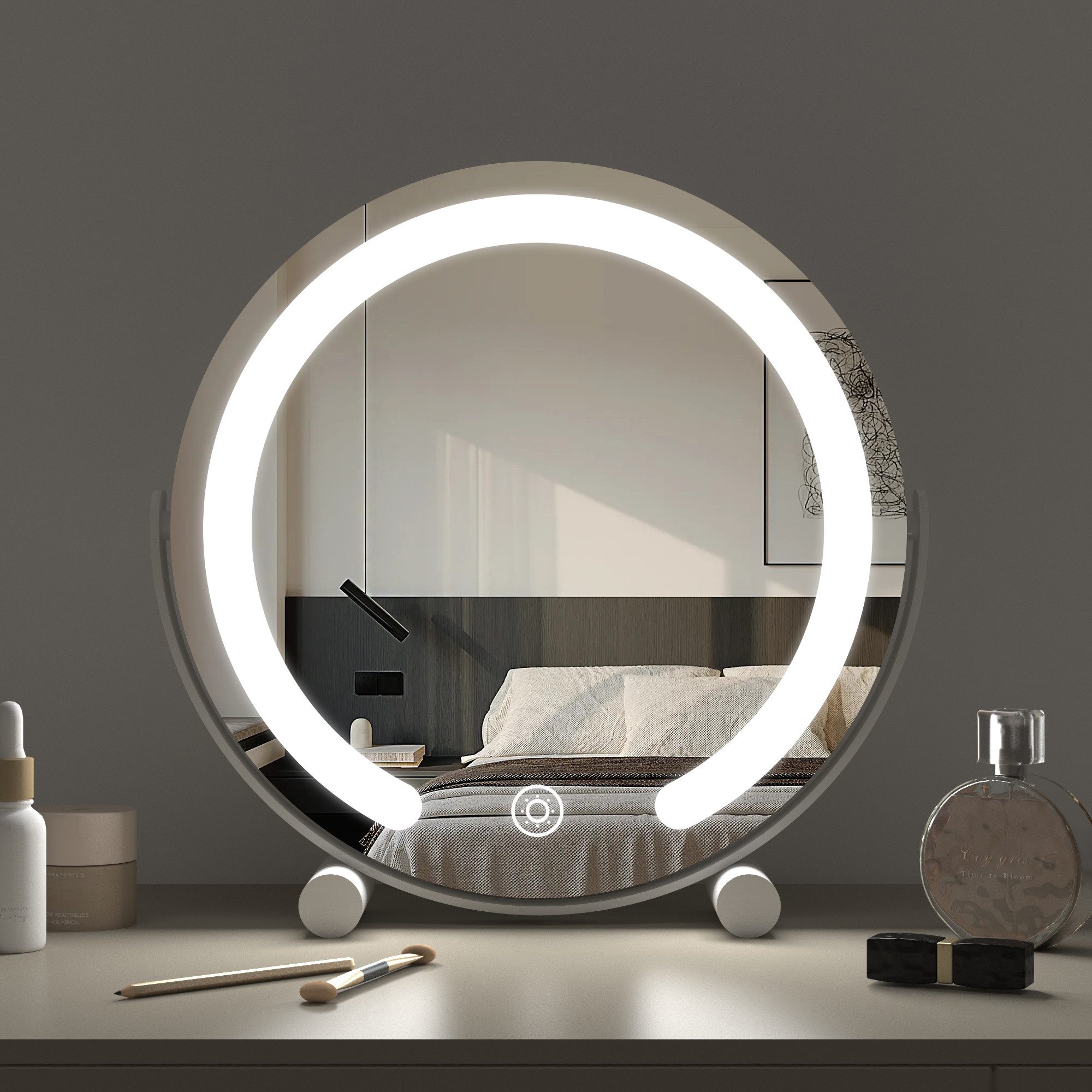WDWRITTI Schminkspiegel Kosmetikspiegel LED Tisch mit Beleuchtung (Makeup Spiegel Rund, 3Lichtfarben, Helligkeit dimmbar, Touch), 360° Drehbar, HD Umweltschutz Spiegel