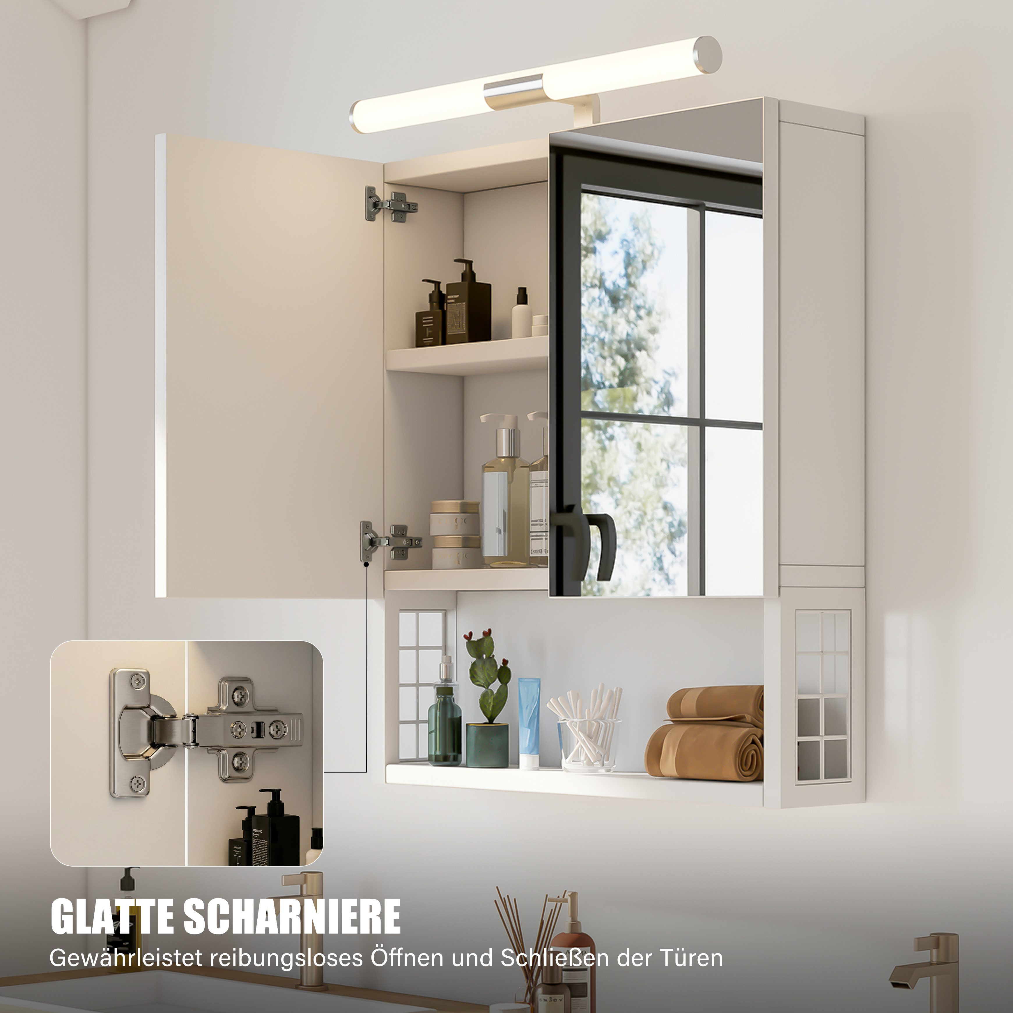 oyajia Spiegelschrank Badezimmerschrank, 13 x 56 x 60 cm, Badschrank, Wandschrank (mit LED-Beleuchtung) Badezimmerschrank mit 2 Türen, Holz – Bild 5 von 5