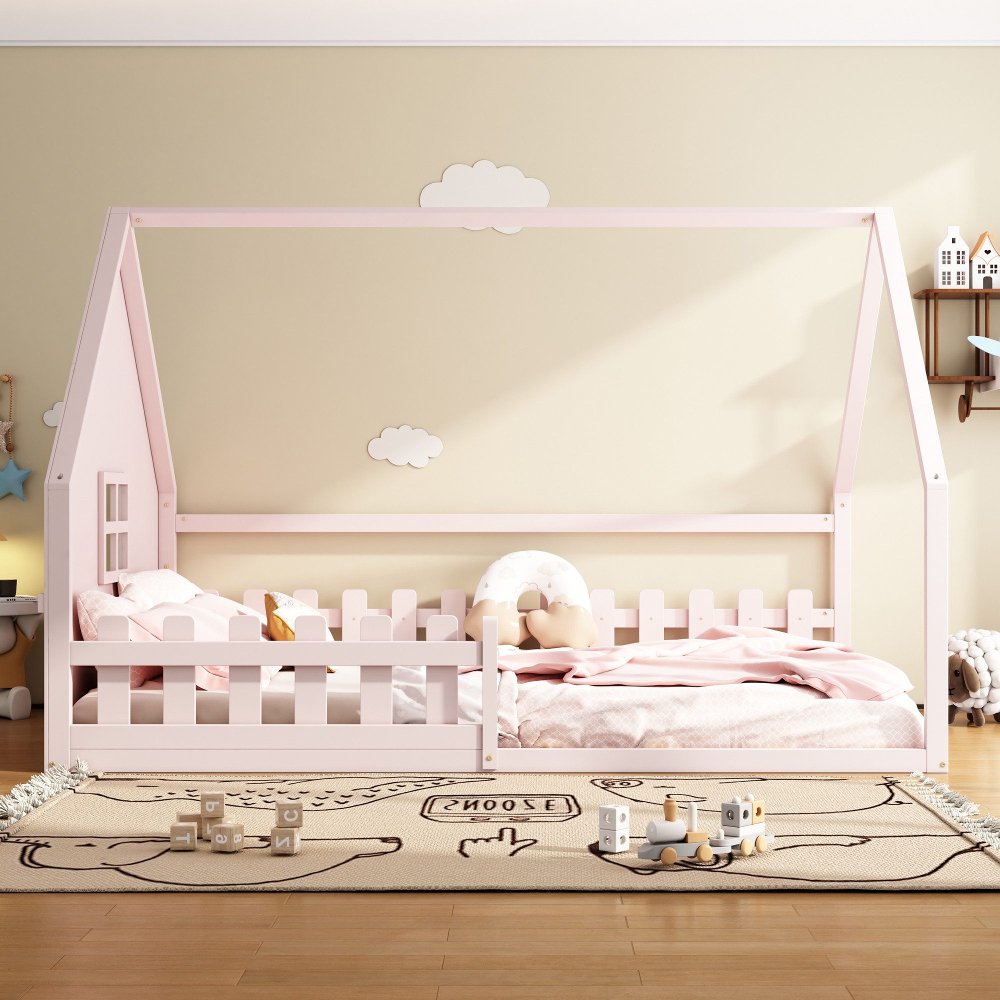 Flieks Massivholzbett, Kinderbett Hausbett Doppelbett 140x200cm mit Lattenrost und Zaun