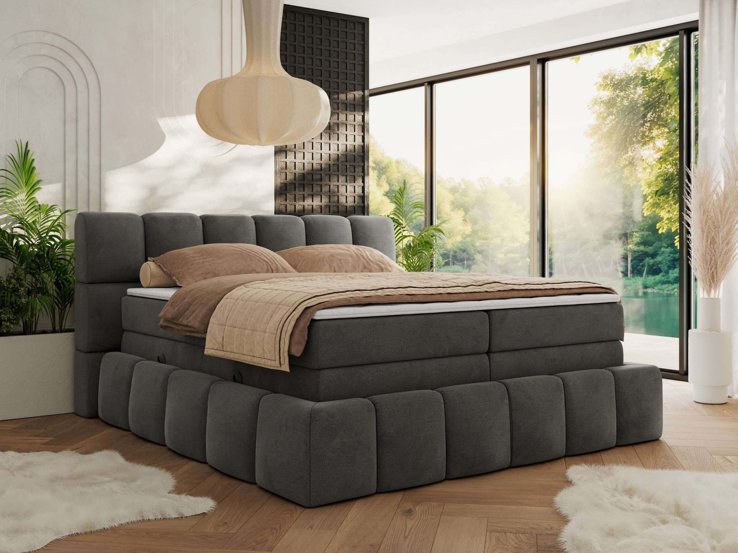 MKS MÖBEL Boxspringbett NIRA KING (Doppelbett-Set mit Topper & Bettkasten, 7-Zonen-Taschenfederkern, Härte H3/H4 wählbar, Topper 5 cm), breites, weiches Kopfteil, Komfortliegehöhe, robuste Ausführung