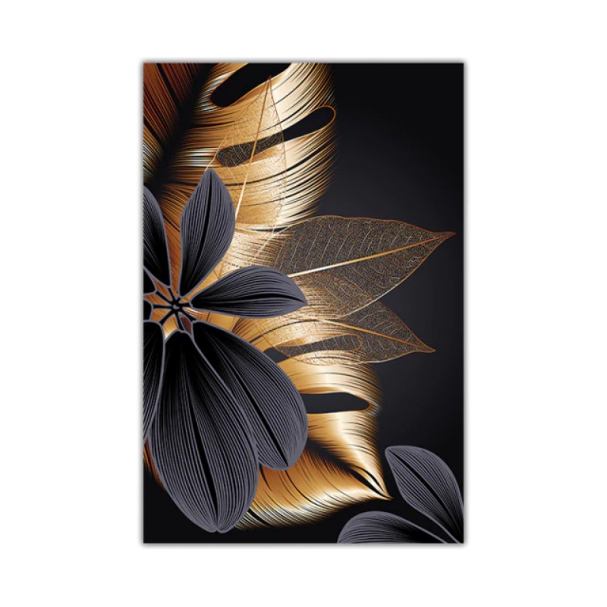 TPFLiving Kunstdruck (OHNE RAHMEN) Poster - Leinwand - Wandbild, Goldene  und schwarze Blätter - (3 Motive und in 17 Größen zur Auswahl - Günstiges  3-er Set), Farben: Schwarz, Gold, Braun - Größe: 60x90cm