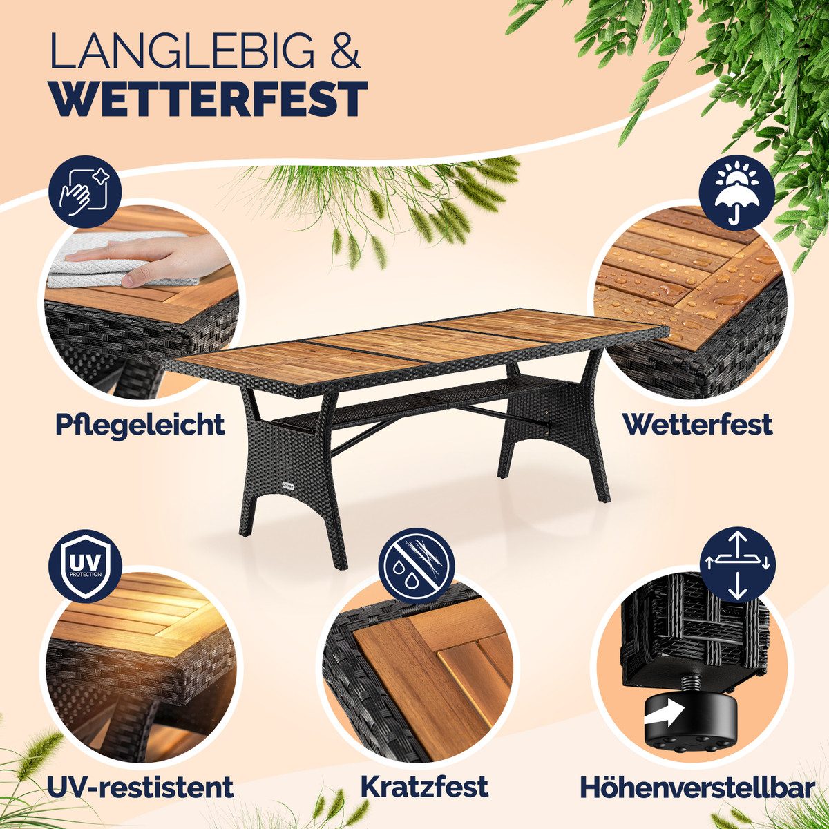 Casaria Gartentisch (1-St), Polyrattan mit Ablage FSC®- zertifiziertes Akazienholz 190x90cm