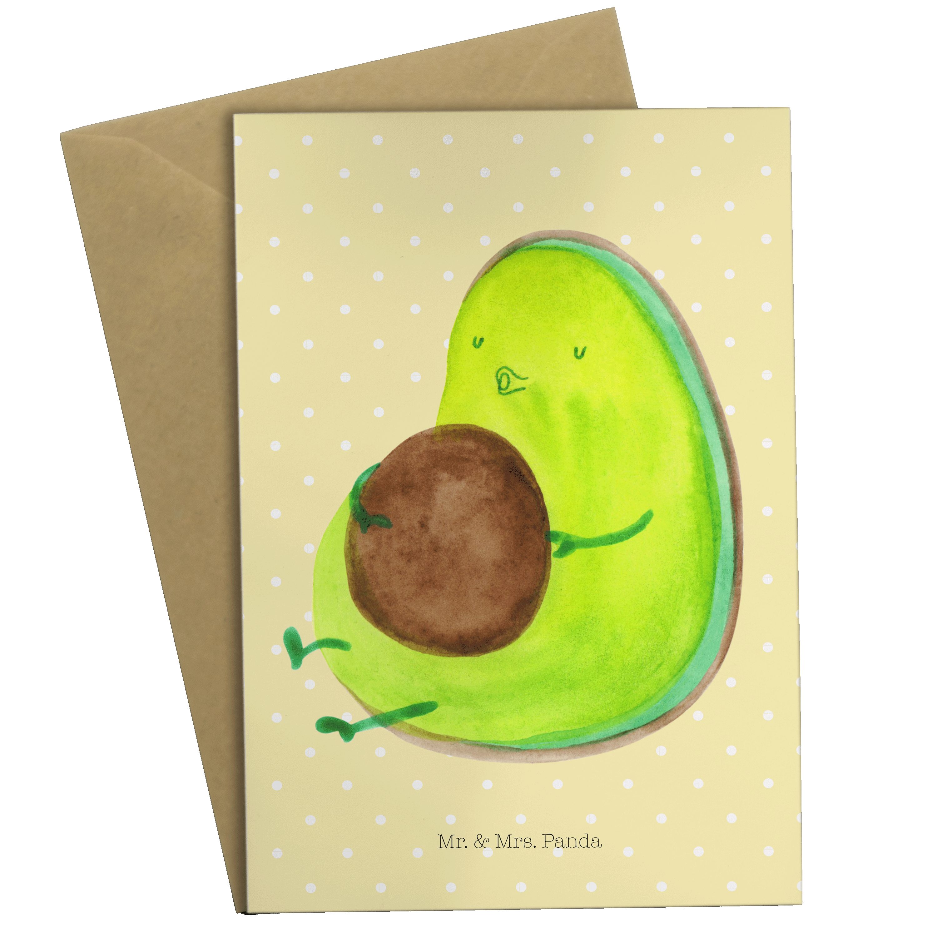Mr. & Mrs. Panda Grußkarte Avocado pfeift - Gelb Pastell - Geschenk, Gesund, Hochzeitskarte, Ein