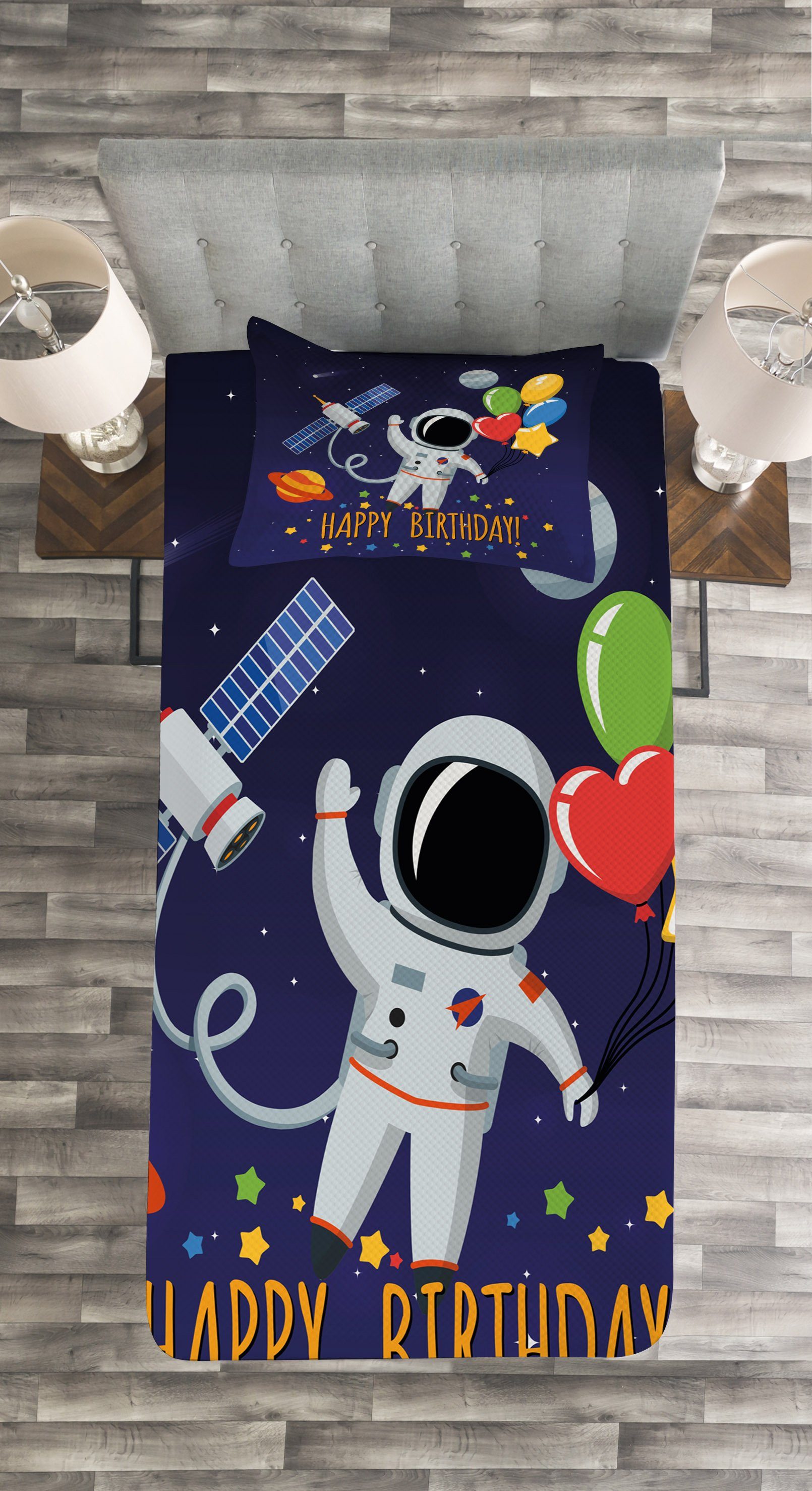 Tagesdecke Set mit Kissenbezügen Waschbar, Astronaut Geburtstag Ballon Abakuhaus