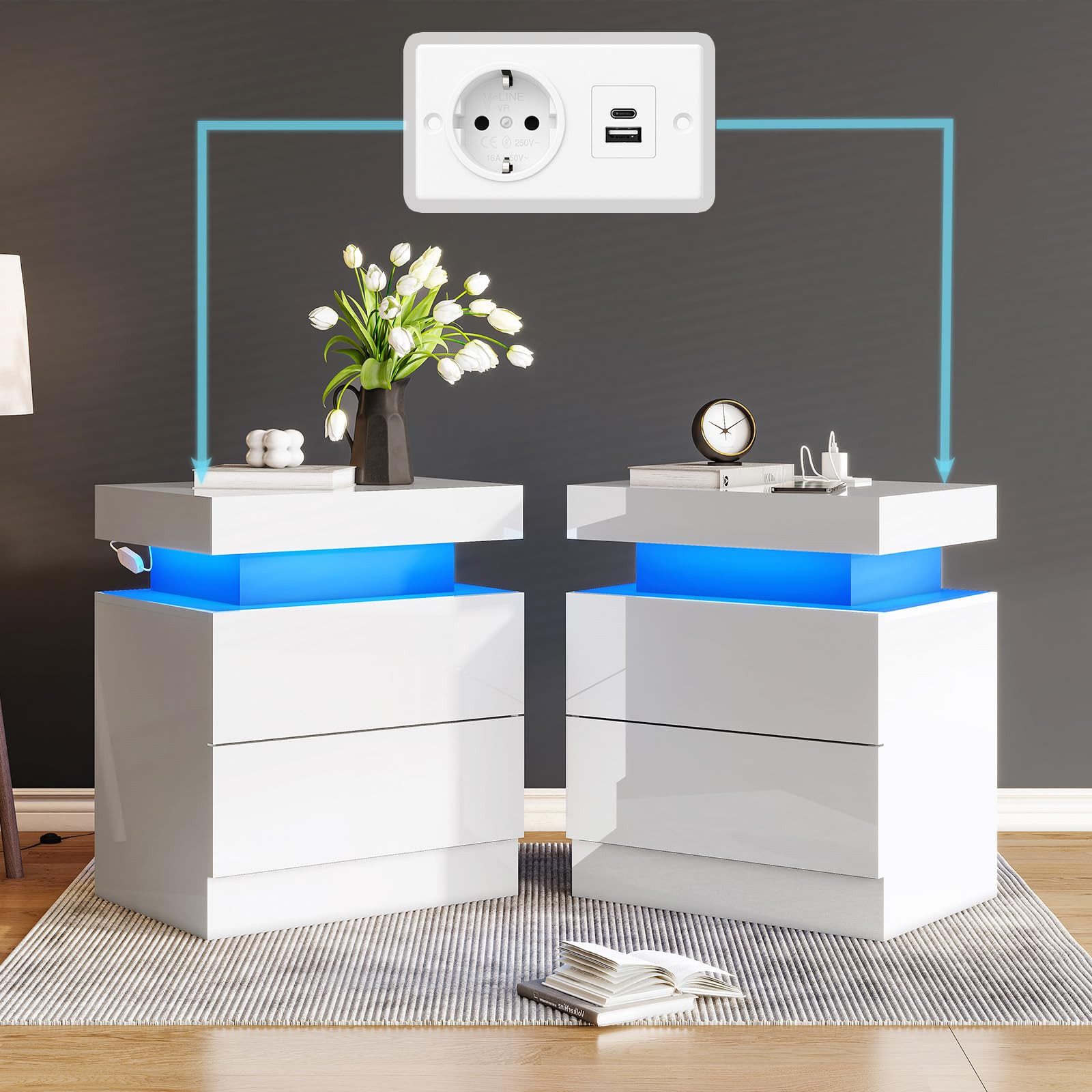 AMERLIFE Nachttisch 2er-Set, Hochglanz Weiß, 58x40x35 cm, mit RGB-LED-Beleuchtung (2-St), 3-in-1-Ladestation, 2 Schubladen, moderner Beistelltisch