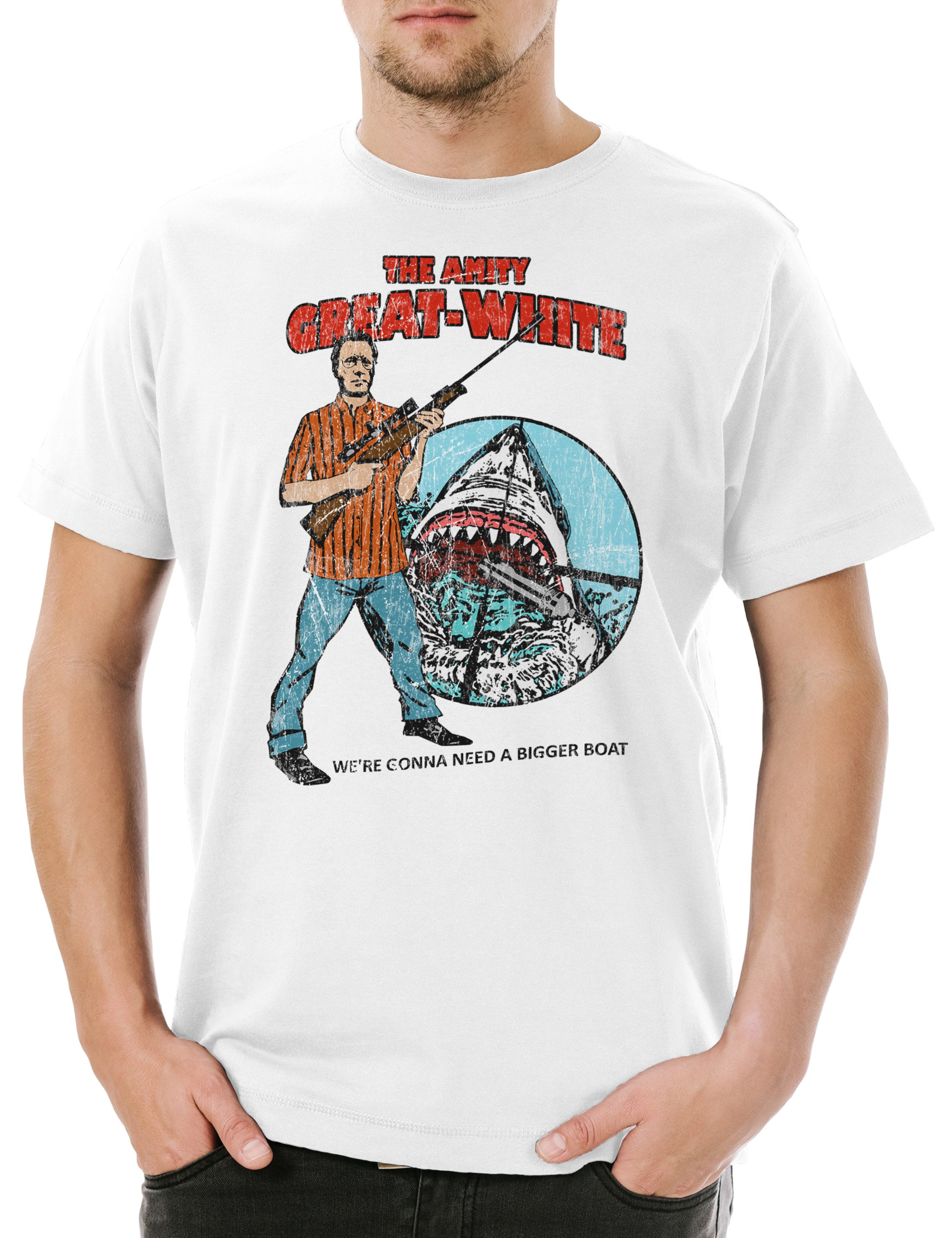 Print-Shirt The Amity Great White Herren T-Shirt Shark Weißer Plakat Hai White