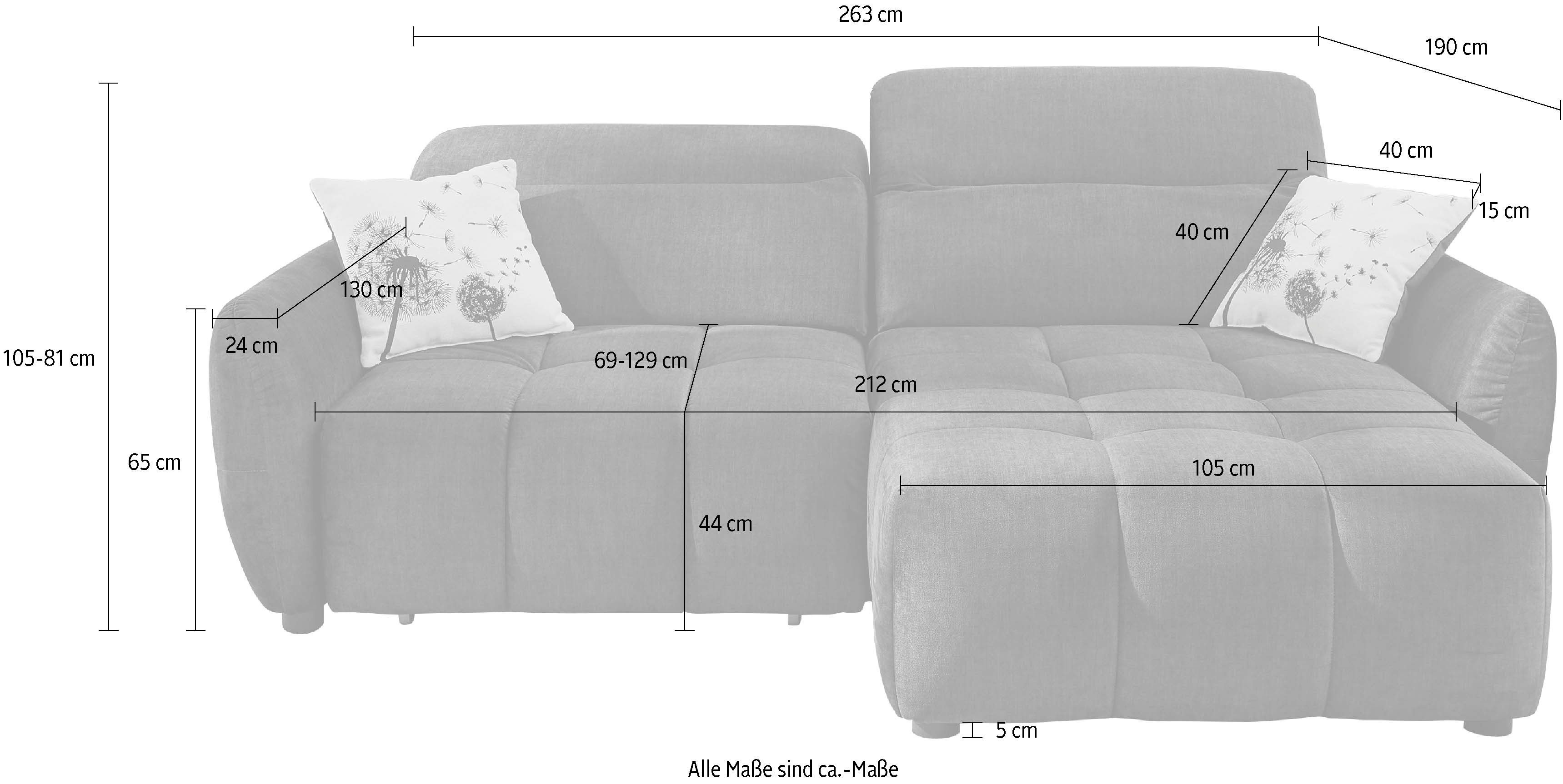 Jockenhöfer Gruppe Ecksofa Zoom, L-Form, 140kg Belastbarkeit je Sitzplatz, 60cm elektromotorische Sitztiefenverstellung,USB-Ladeports,Kopfstützen