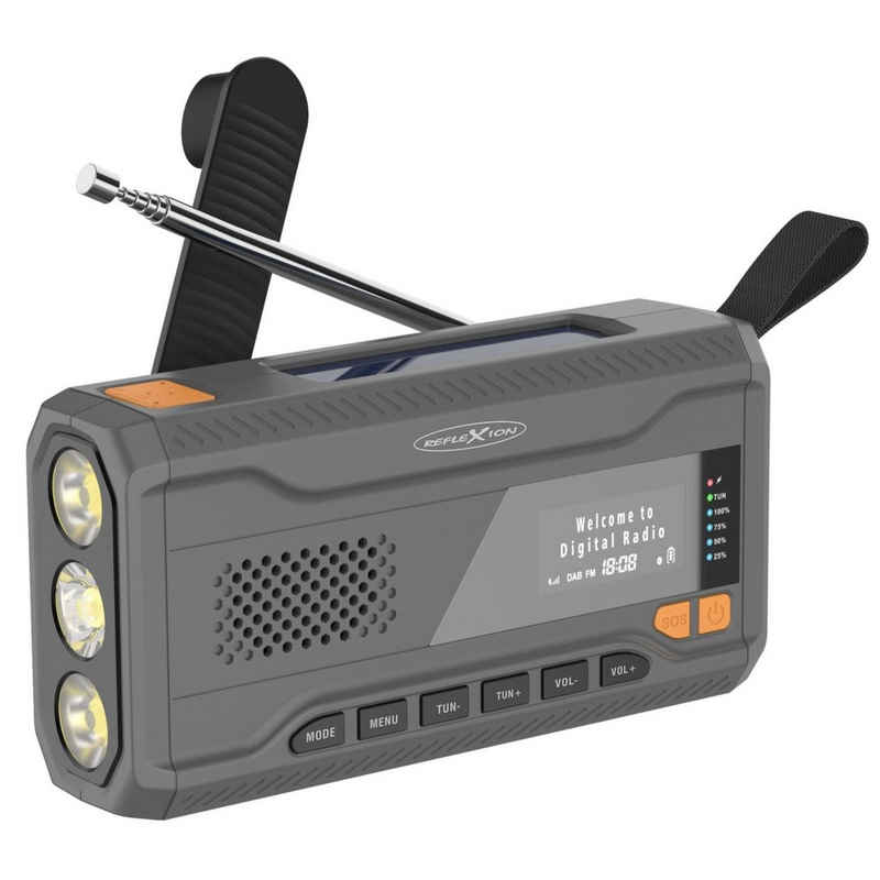 Reflexion TRA562DAB Kurbelradio mit Handyladefunktion Tragbares Notfallradio Digitalradio (DAB) (Digitalradio (DAB), FM-Radio, Bluetooth, Akku 2.000 mAh, SOS-Taschenlampe und Alarmfunktion, spritzwassergeschützte Anschlüsse, Powerbank)