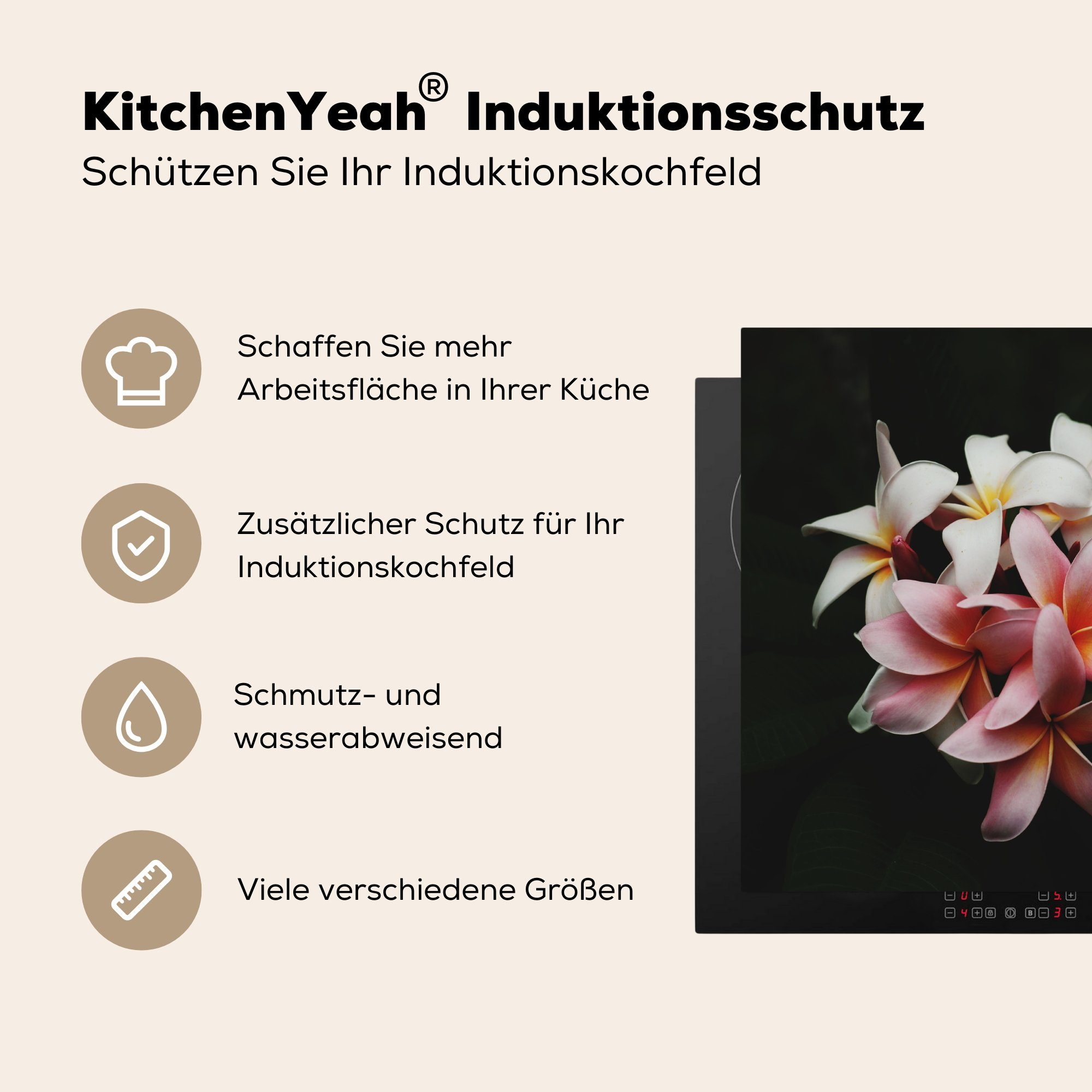 MuchoWow Herdblende-/Abdeckplatte Blumen - Rosa (1 Induktionskochfeld Dekoration 58x51 tlg), - für - Induktionsherd, cm, Vinyl, Schwarz Flora Küchen Botanisch, 