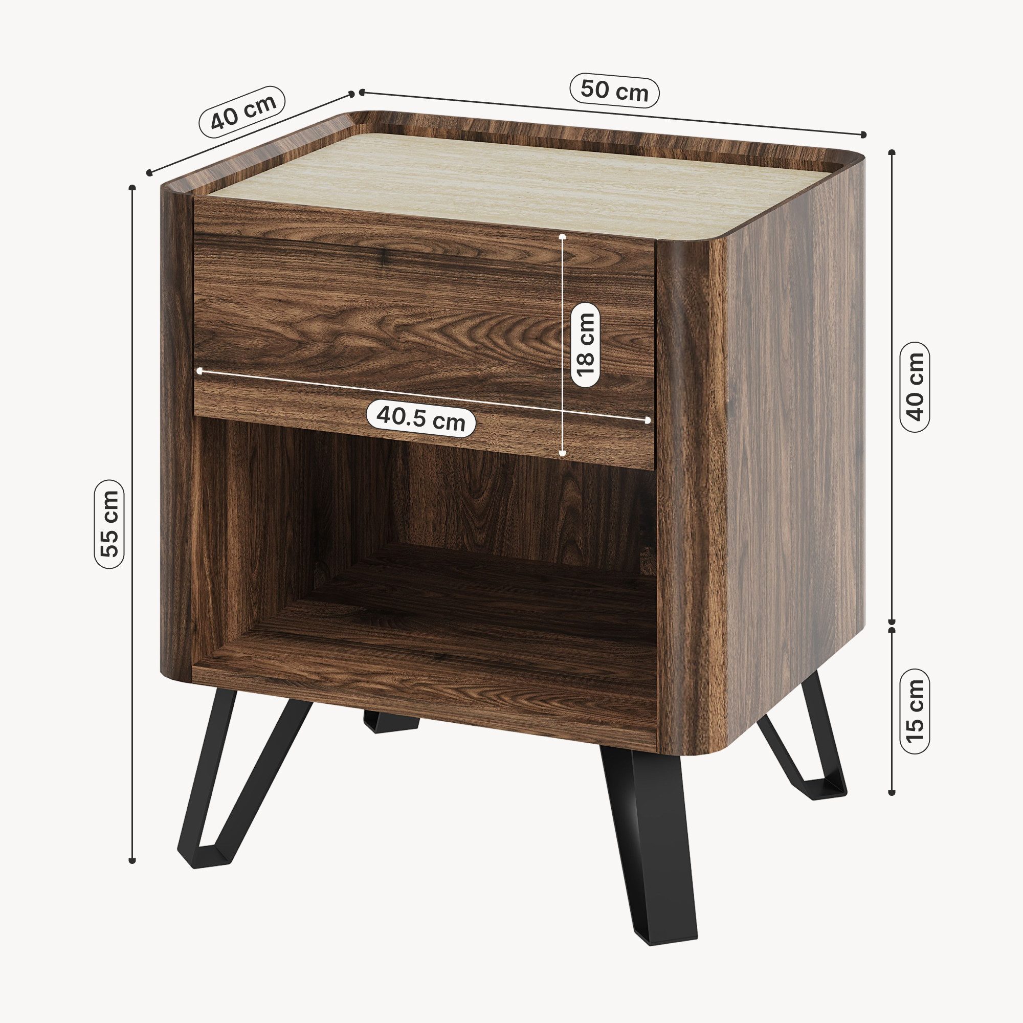 en.casa Nachtschrank »Trorlon« mit Schublade 55 x 50 x 40 cm Walnussoptik / Travertin
