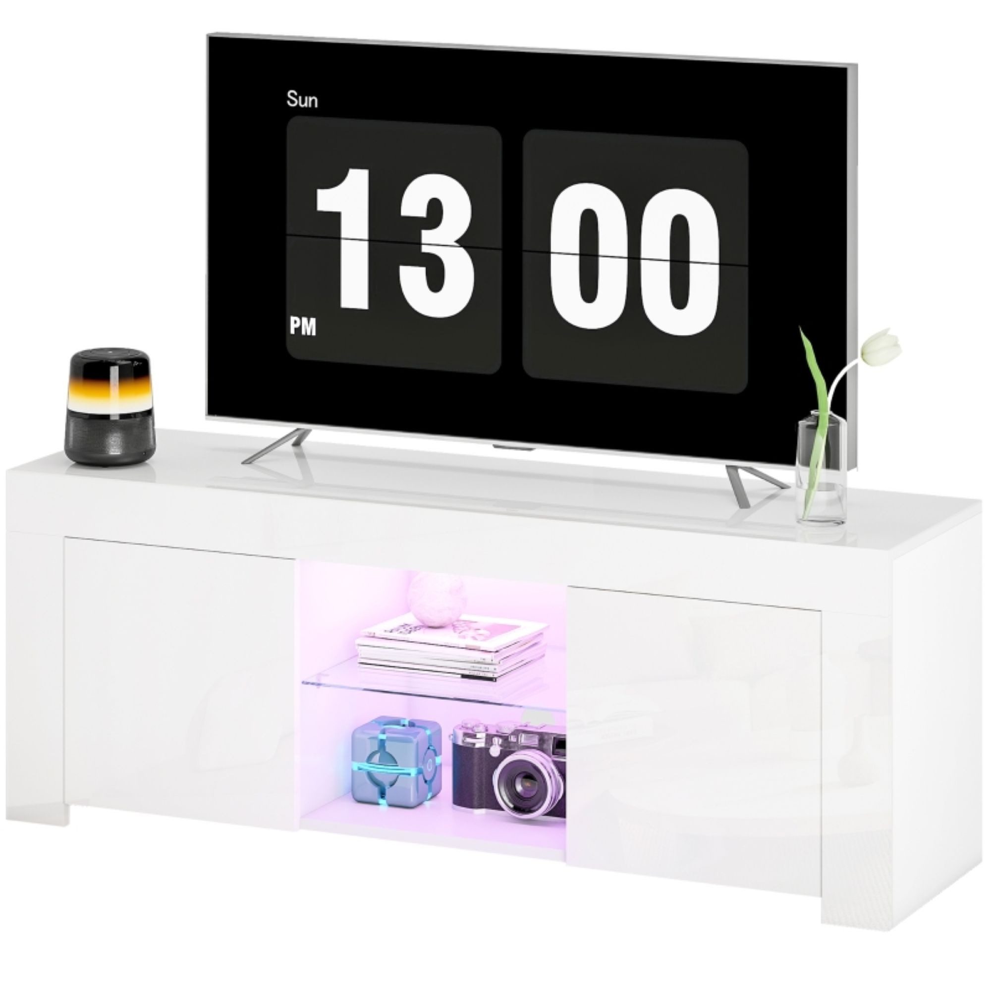 MC Star TV-Ständer TV-Schrank mit LED-Beleuchtung, 2 Schranktüren, Glasregal, Kabellöcher, (für Wohnzimmer, Spanplatte, Weiß)