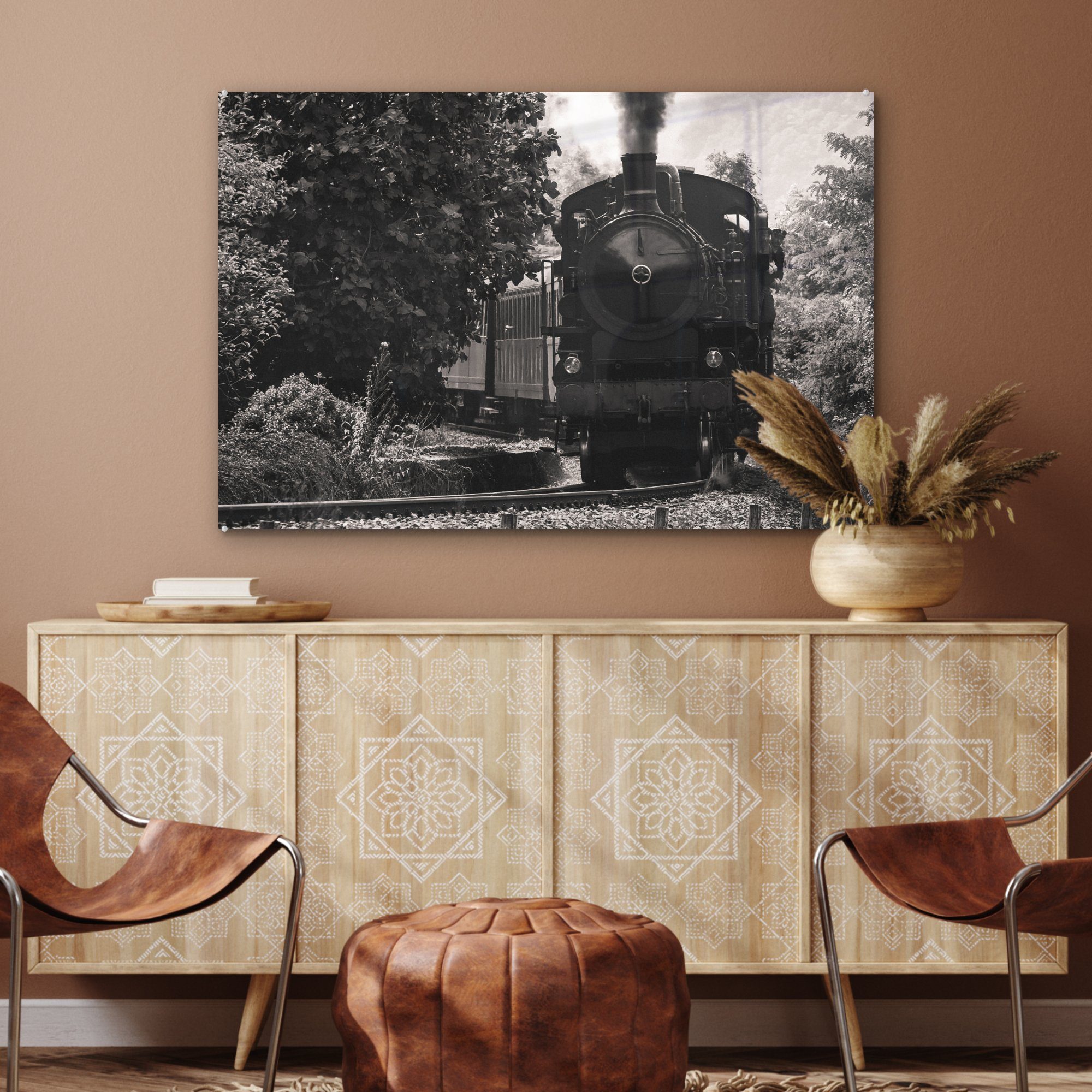 MuchoWow Acrylglasbild Schwarz-Weiß-Foto eines Dampfzuges Italien, in & Schlafzimmer Wohnzimmer (1 St), Acrylglasbilder