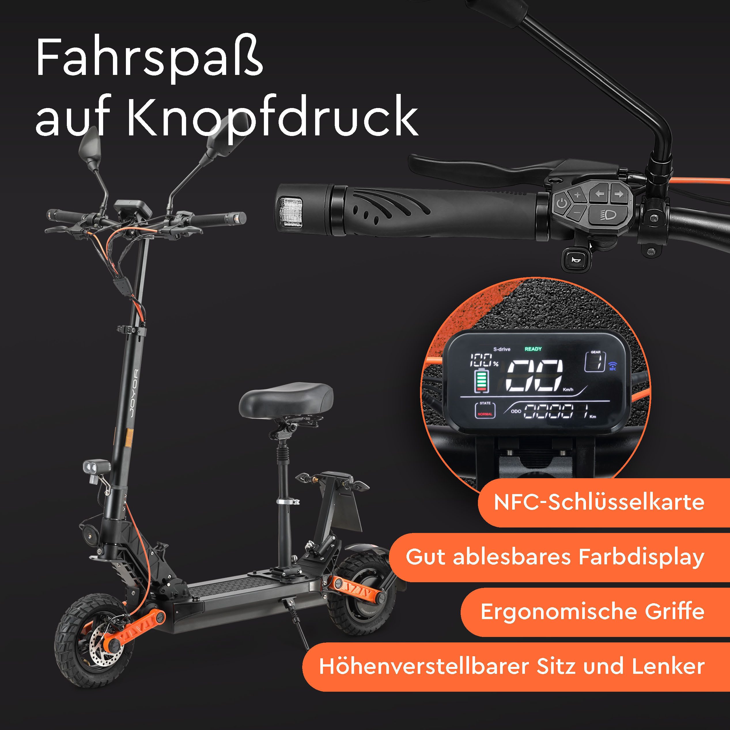 JOYOR E-Scooter S8E Elektroroller mit Straßenzulassung Sitz 45 km/h klappbar offroad, 45 km/h, 800W, hohe Reichweite, NFC Schlüssel, Federung