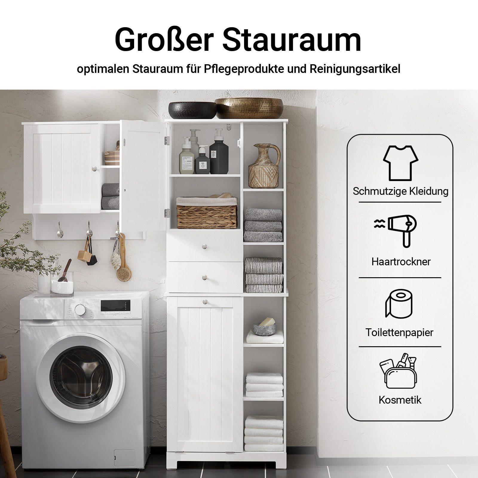 SoBuy Hochschrank BZR104, Badschrank Hoch, Badregal mit 6 Ablagen und 2 Schubladen Badezimmerschrank mit Wäschesack Wäscheschrank Badezimmer Schrank Weiß