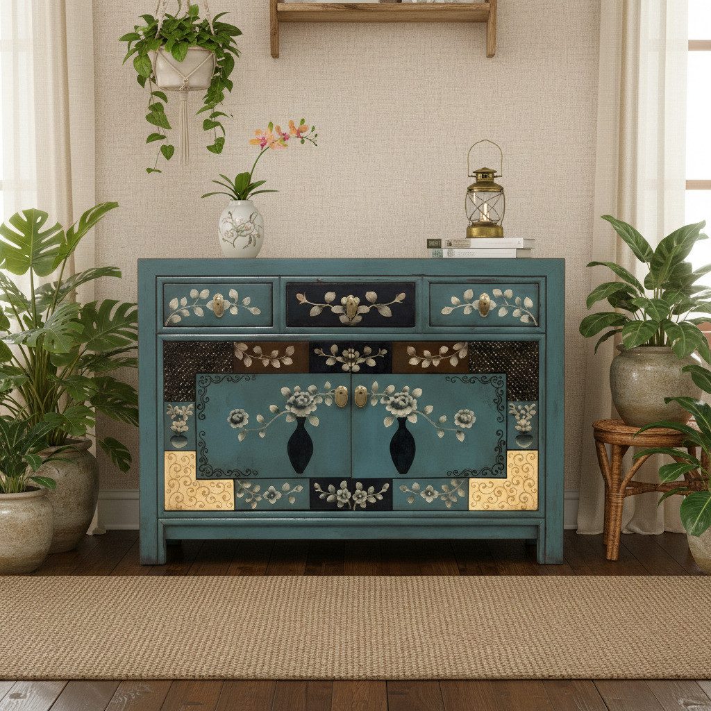 OPIUM OUTLET Kommode Asia Schrank Sideboard orientalisch chinesisch (Hochzeitsschrank fernöstlich, komplett montiert, blau, Möbel asiatisch, Vintage-Stil), Kommode Anrichte Büffet