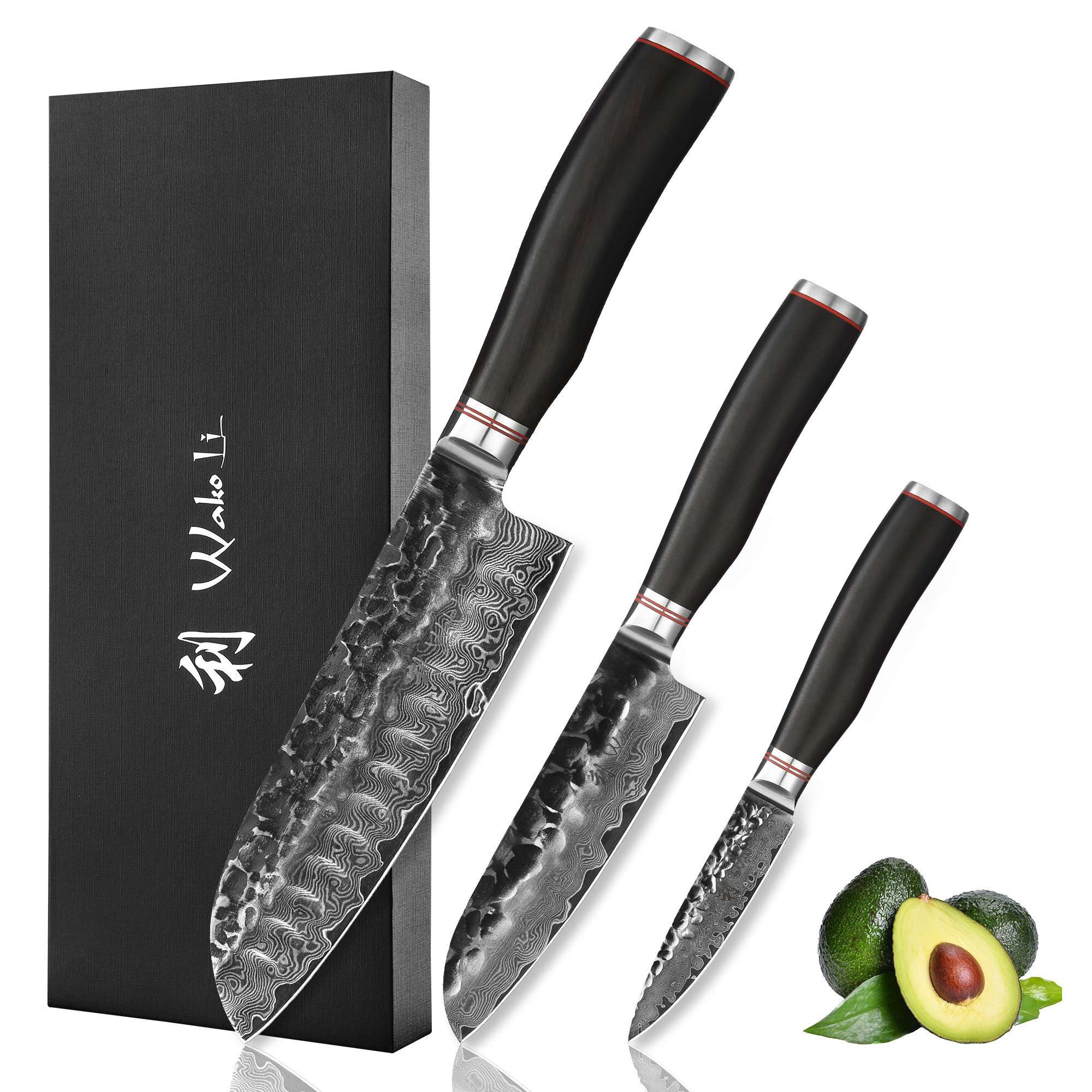 Wakoli Messer-Set Ebo 3er Damastmesser Set Küchenmesser Kochmesser 9 bis 18cm Klingen (Damastmesser mit Geschenkbox, 1-tlg., 1x 3er Damastmesser-Set), aus 67 Lagen Damaststahl, VG10 Kern