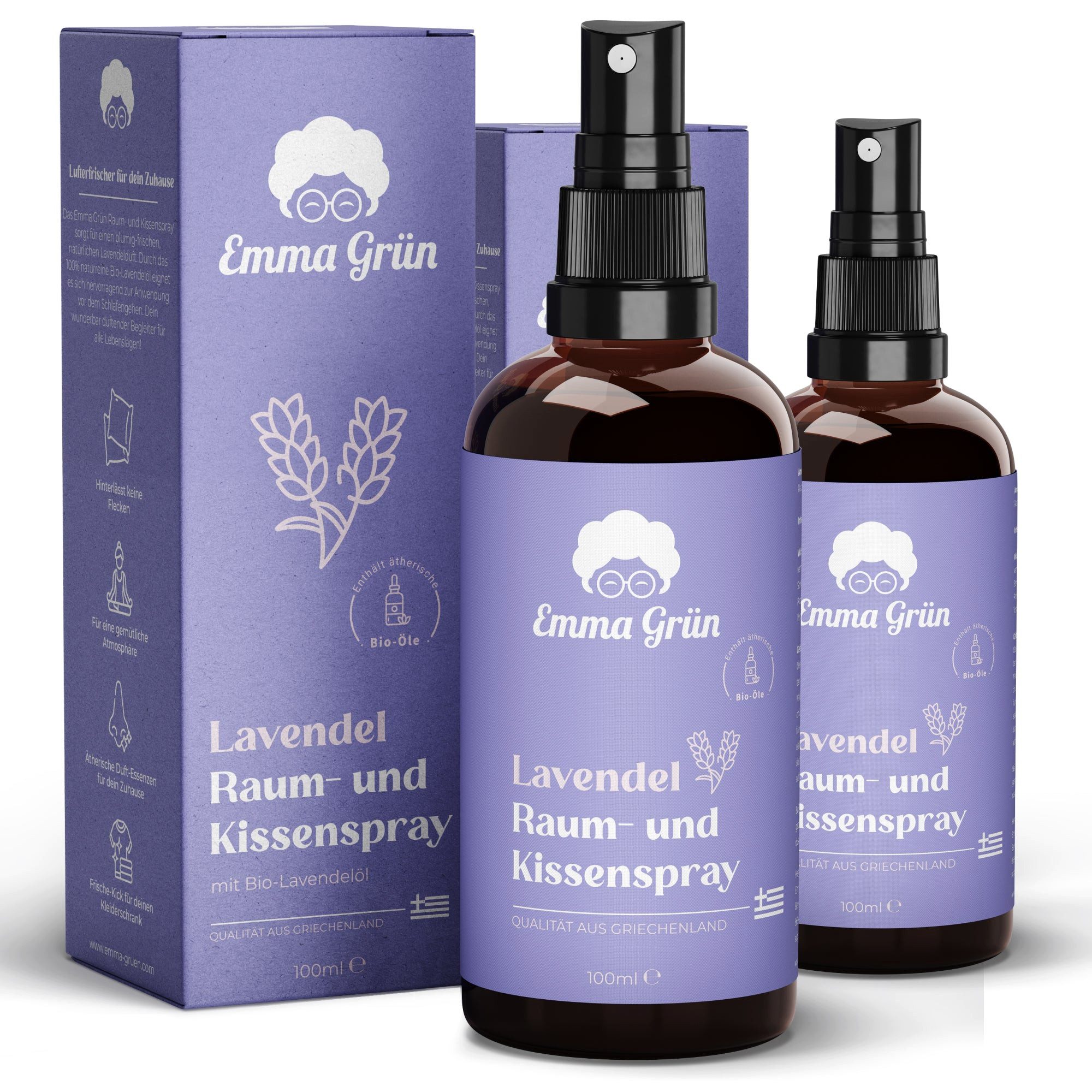 Emma Grün Duftöl Lavendel Kissenspray 100 ml, mit Bio Lavendelöl (Set, Je nach Auswahl: 1x, 2x oder 5x Raumspray Lavendel 100 ml), Höchste Bio-Zertifizierung der Duftöle, naturrein & ohne Zusätze