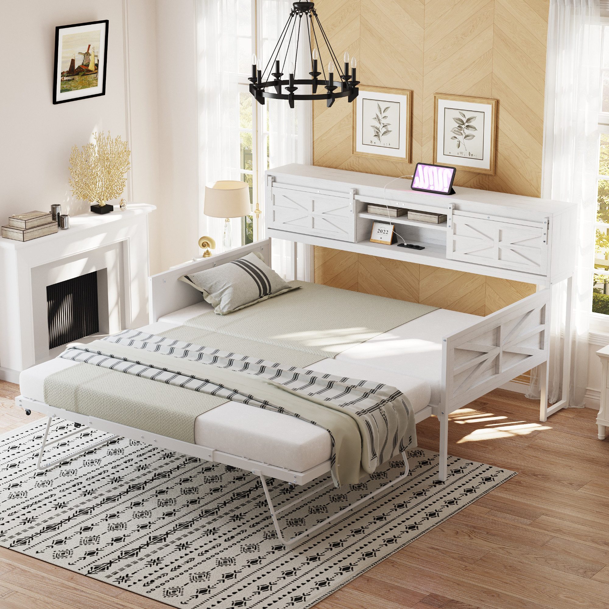 OKWISH Schlafsofa Metallbett Daybett, mit Ausziehbarem Bett, Integrierten Ablagefächern & Multifunktionalen Steckdosen, Eisen-Tagesbett 90x200 cm, Inklusive Matratze