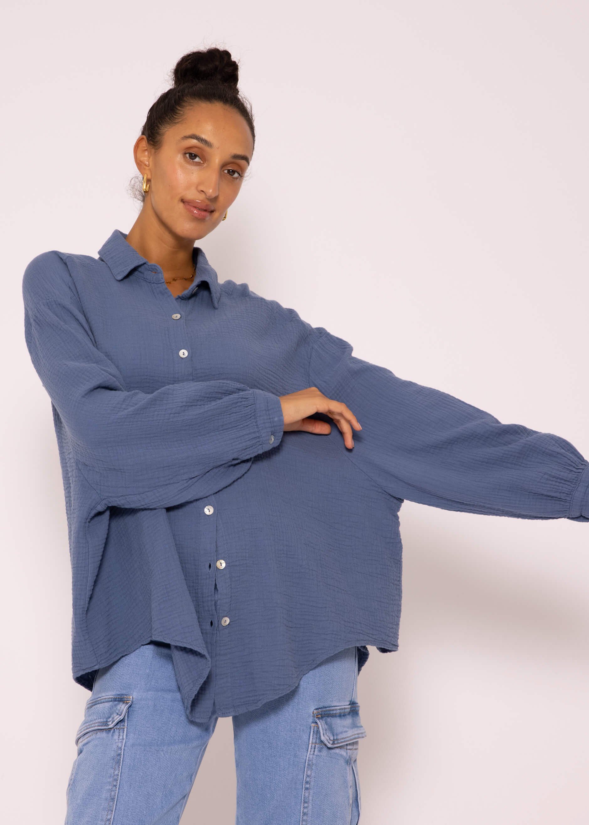 SASSYCLASSY Longbluse Oversize Baumwolle Bluse aus One mit Hemdbluse Damen Musselin lang Jeansblau Size 36-48) Langarm V-Ausschnitt, (Gr