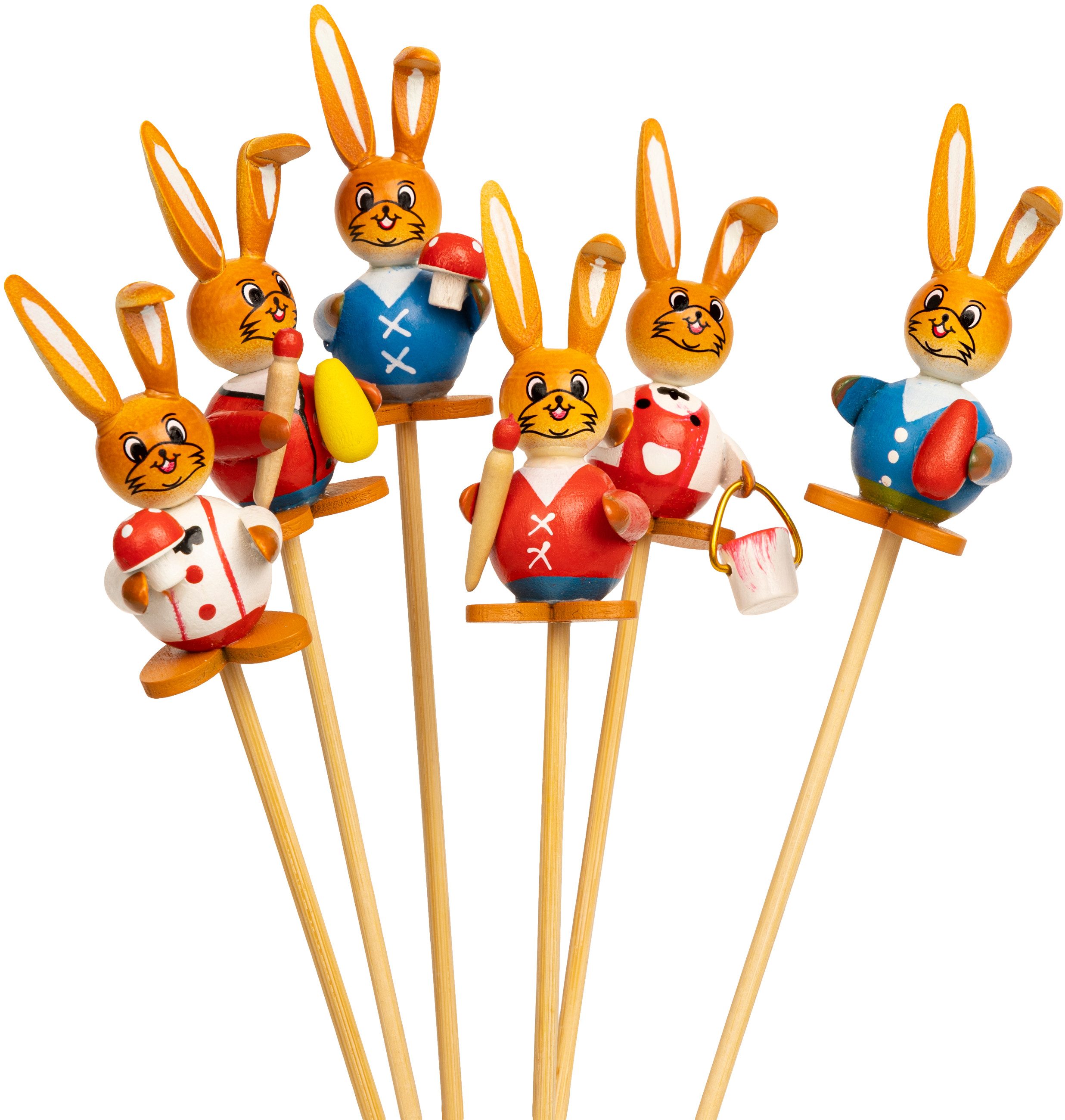 SIKORA Osterhase 6er Set Blumen Deko Holz Stecker Osterhasen Holzstäbe Osterdeko - OD22, Stimmungsvolle Dekoration für Ostern & Frühling - handbemalt