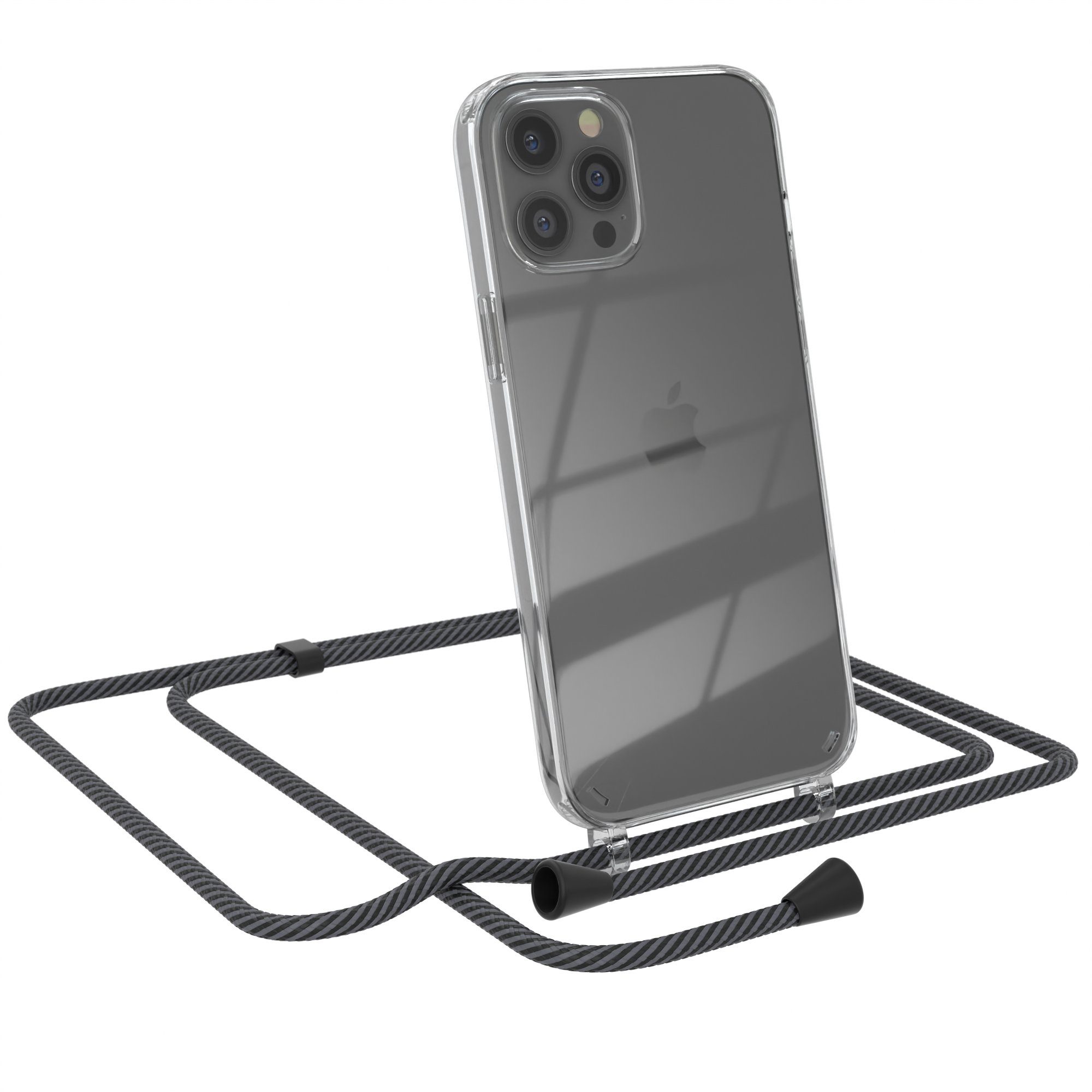 EAZY CASE Handykette Kette Clips Schwarz für Apple iPhone 12 Pro Max 6,7 Zoll, Handykette mit Schnur Cross Bag für Mann Frau Festivalbag Grau Schwarz