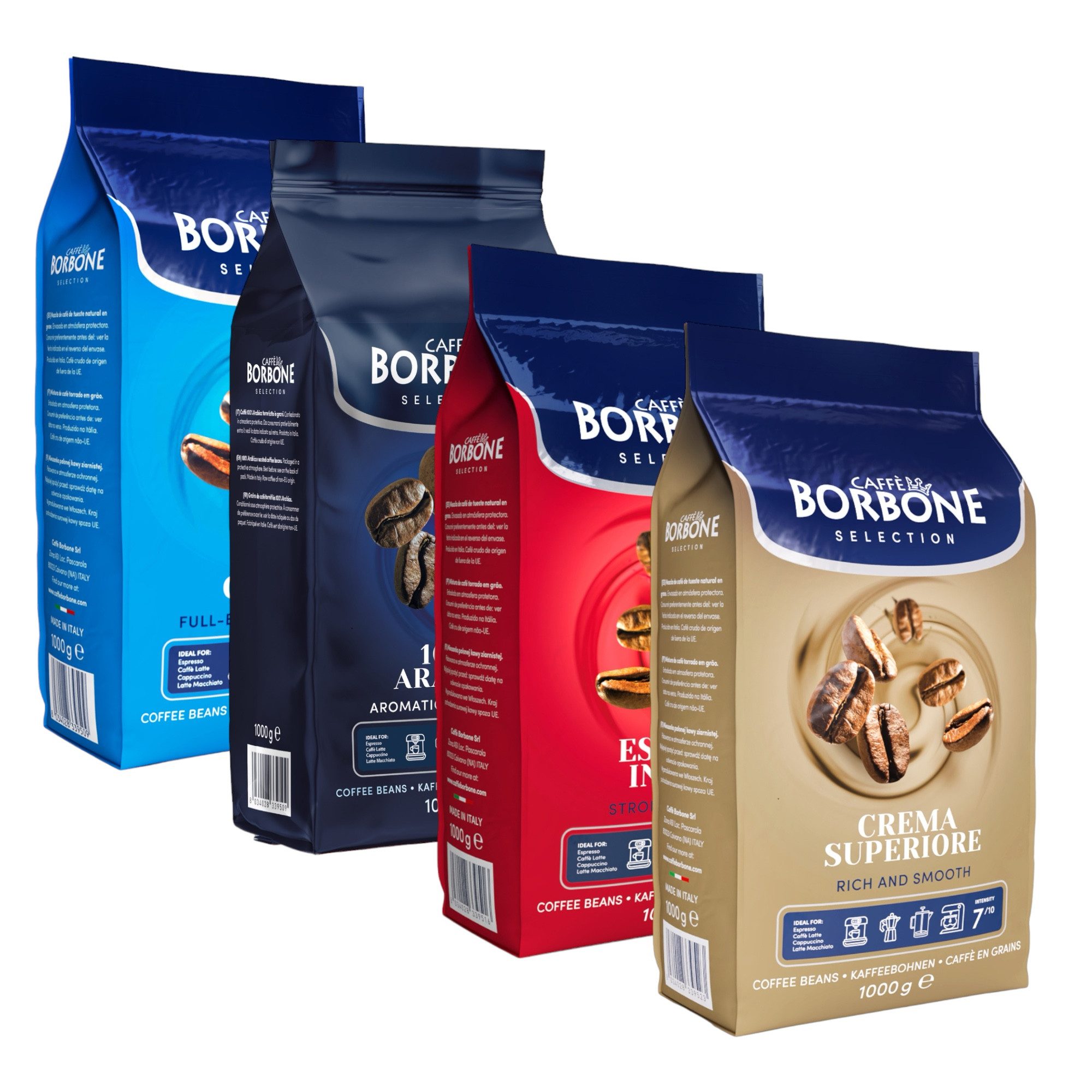 Caffè Borbone Kaffee Caffè Borbone Selection Kaffee Probierpaket 4x 1kg Ganze Kaffeebohnen, 4 x 1000 g, (Crema Superiore, Intenso Espresso, Arabica, Crema Classica, verschiedene Sorten Ganze Kaffeebohnen)