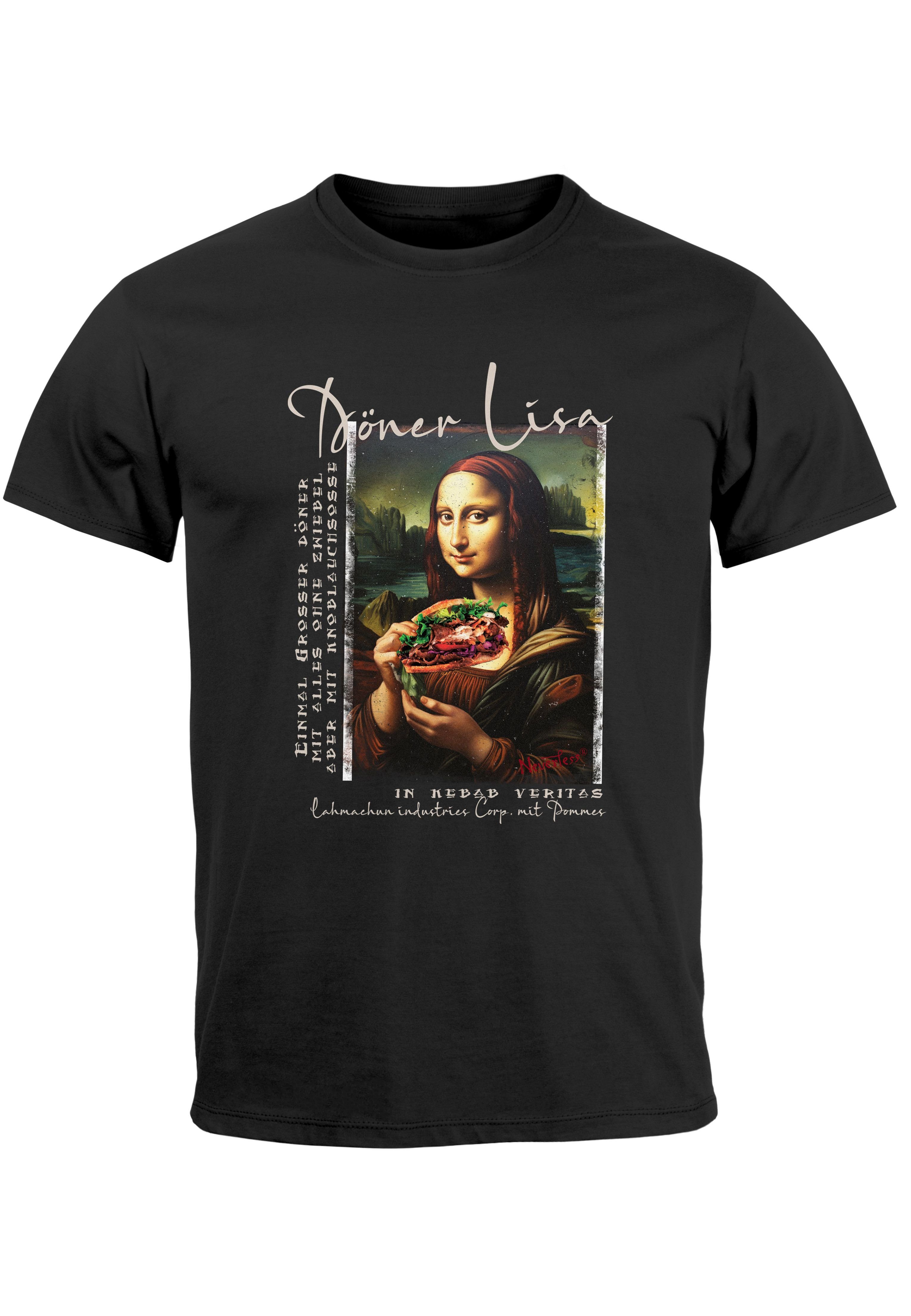 MoonWorks Print-Shirt Herren T-Shirt Print Aufdruck Mona Lisa Parodie Meme Kapuzen-Pullover mit Print Döner Lisa schwarz