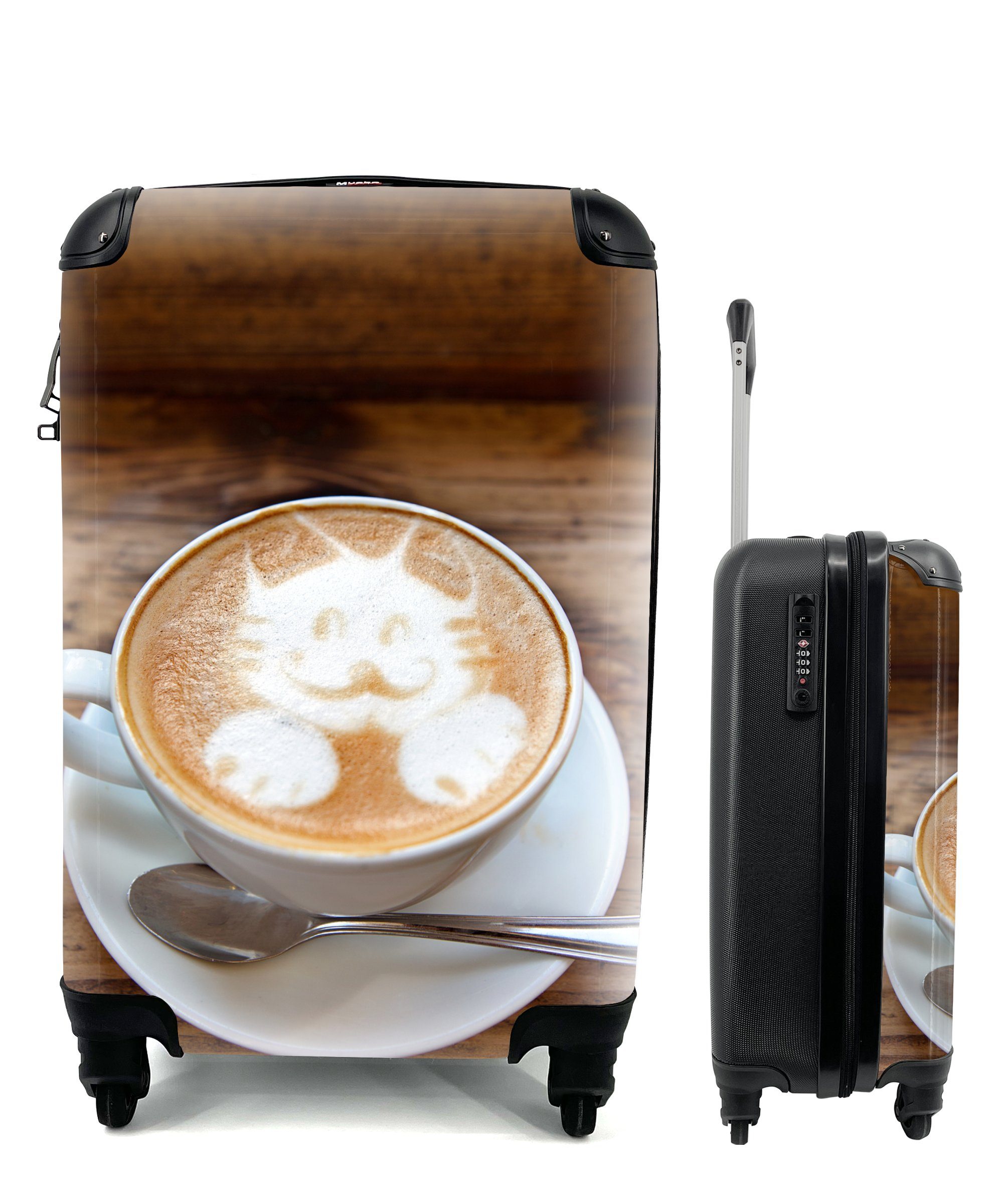 MuchoWow Handgepäckkoffer Eine Katze ist als Latte Art im Schaum eines Cappuccinos abgebildet, 4 Rollen, Reisetasche mit rollen, Handgepäck für Ferien, Trolley, Reisekoffer