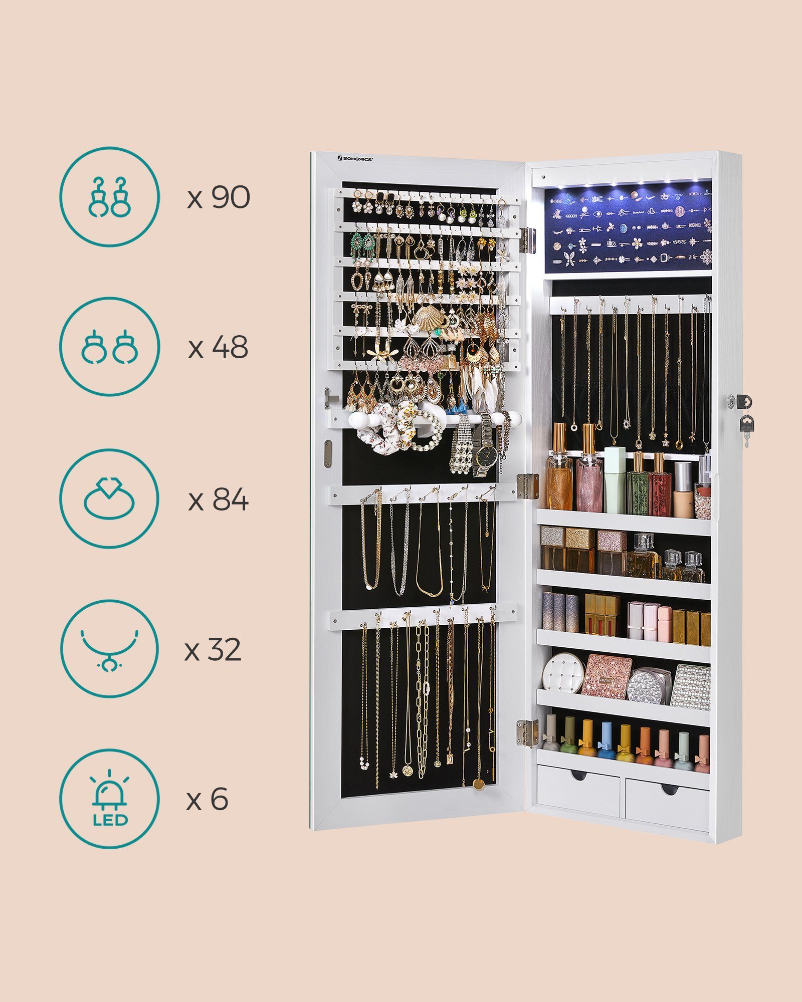 SONGMICS Schmuckschrank mit langem Spiegel, Schmuckaufbewahrung, 2 Schubladen, 37x9,3x108 cm (mit 6 LED-Lampen) zum Aufhängen an der Tür oder zur Befestigung an der Wand, Weiß