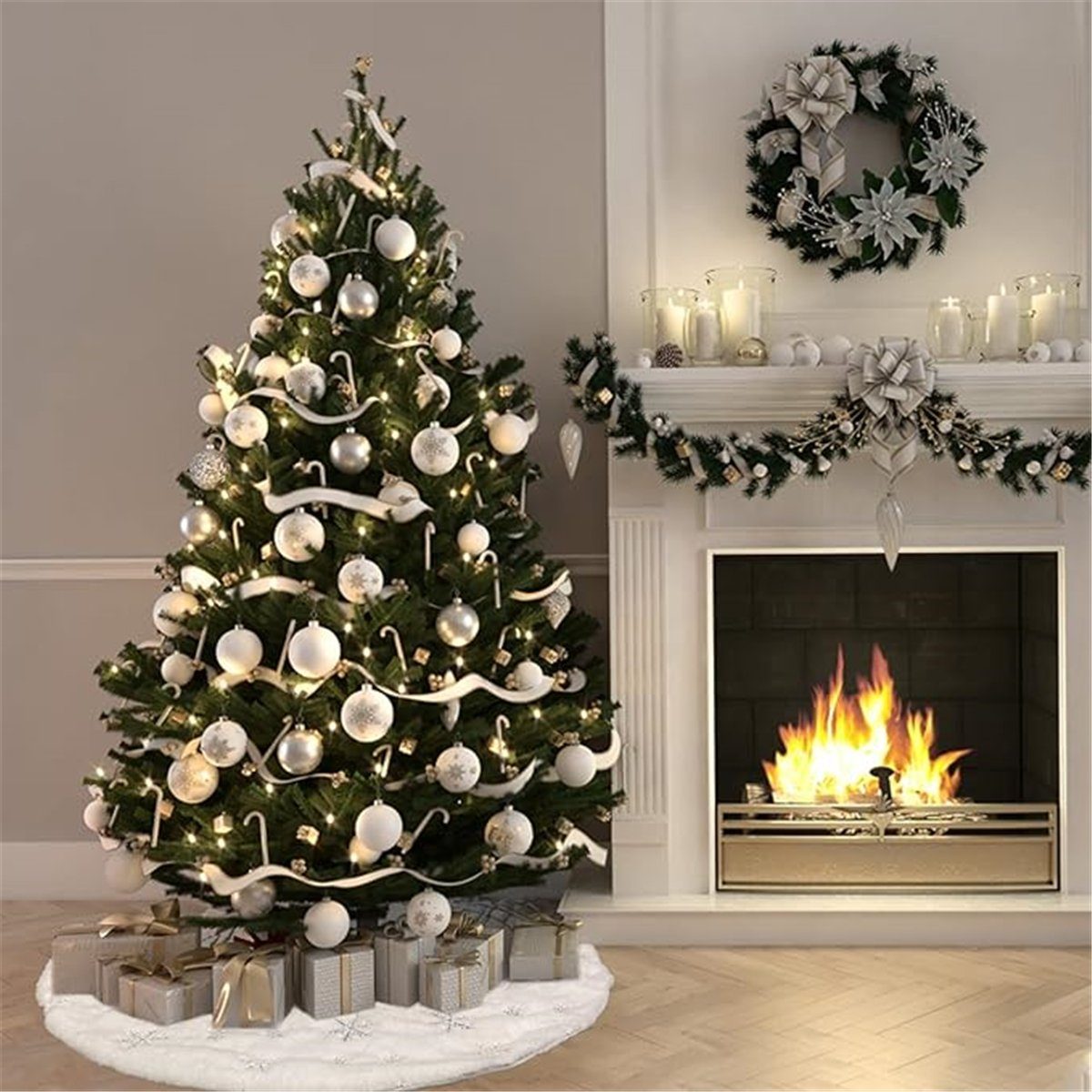 TUABUR mit silbernem Weißer Schneeflockendruck Plüsch-Weihnachtsbaumrock Weihnachtsbaumdecke