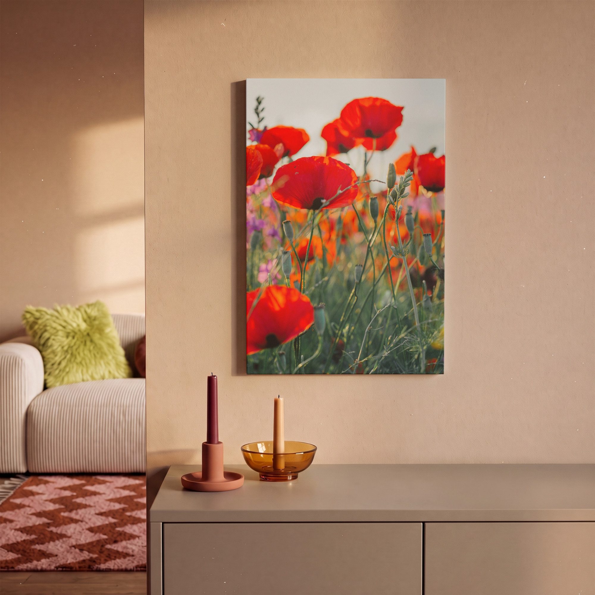OneMillionCanvasses® Leinwandbild Mohn - Blumen - Rot - Lila - Wiese, Fotodruck (1 St), Leinwand Canvas Wandbild, Wanddekoration 20x30 cm – Bild 2 von 5