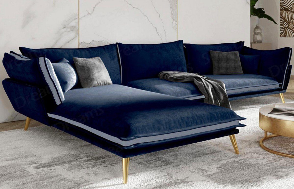 Sofa Dreams Ecksofa Stoff Design Polster Samtsofa Lobos L Form Stoffsofa, Loungesofa dunkelblau77-gold