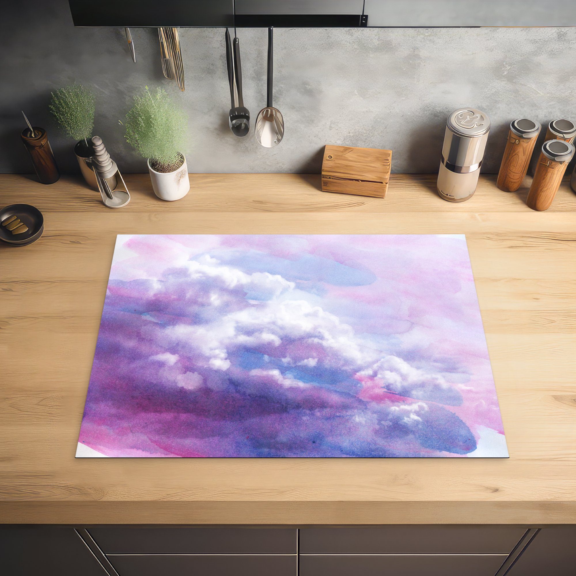 mit eines Himmels Eine Illustration nutzbar, Mobile MuchoWow Arbeitsfläche tlg), cm, Ceranfeldabdeckung rosa 70x52 Herdblende-/Abdeckplatte Wolken, (1 Vinyl,