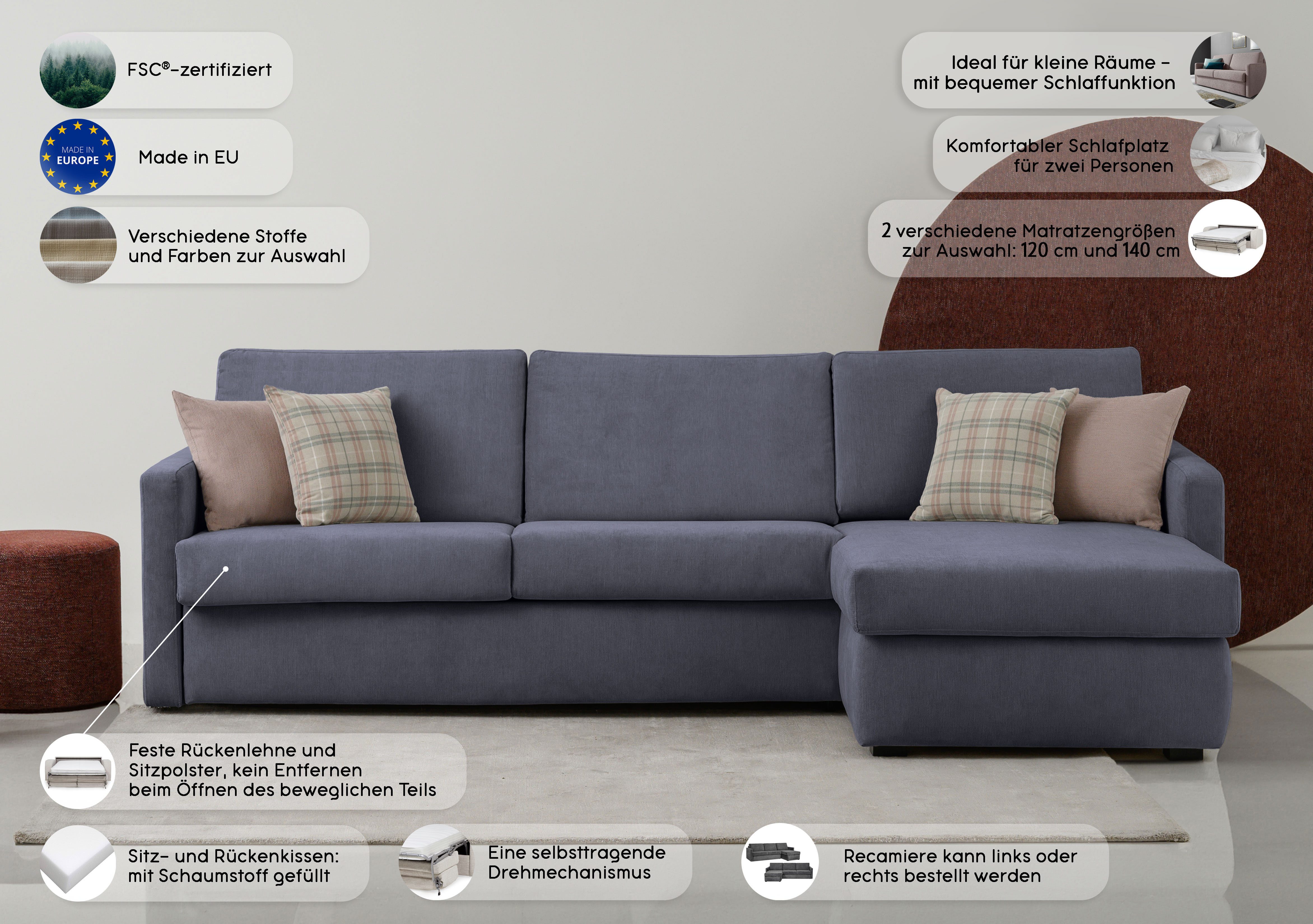 Home affaire Schlafsofa GOLDPOINT Ecksofa 264 cm, Liegefläche (140/200cm), L-Form, Bettfunktion, Bonell-Federkernmatratze und Dauerschläfer-Funktion