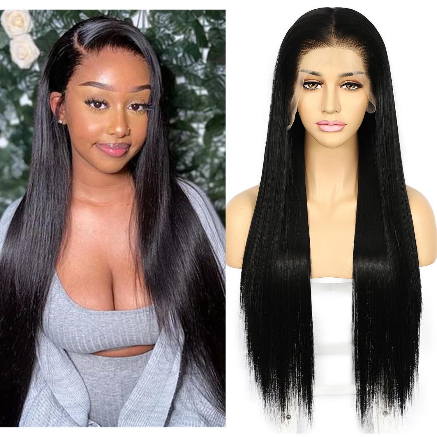 LuxusKollektion Kunsthaarperücke Perücke Damen gerade synthetische 150 Dichte 13x6 Lace Front Schwarz