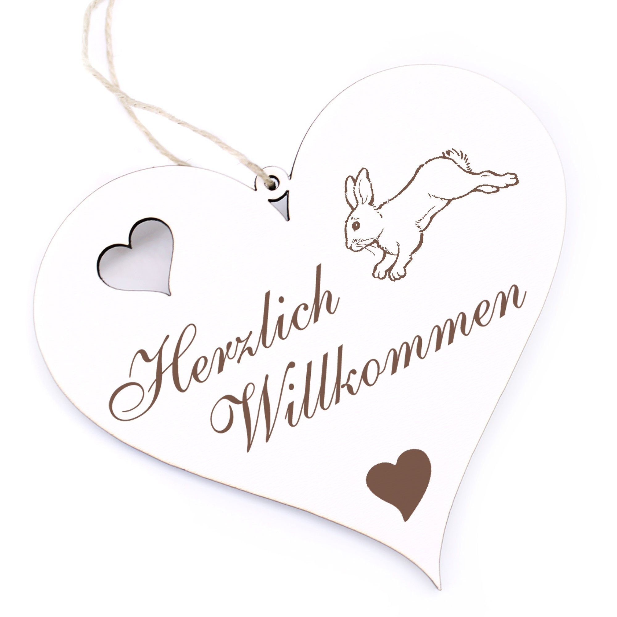 Herz-Schild Graviert, Hereingehoppelt Hase, 13x12 Cm, HDF-Holz, Mit Juteband Zum Aufhängen