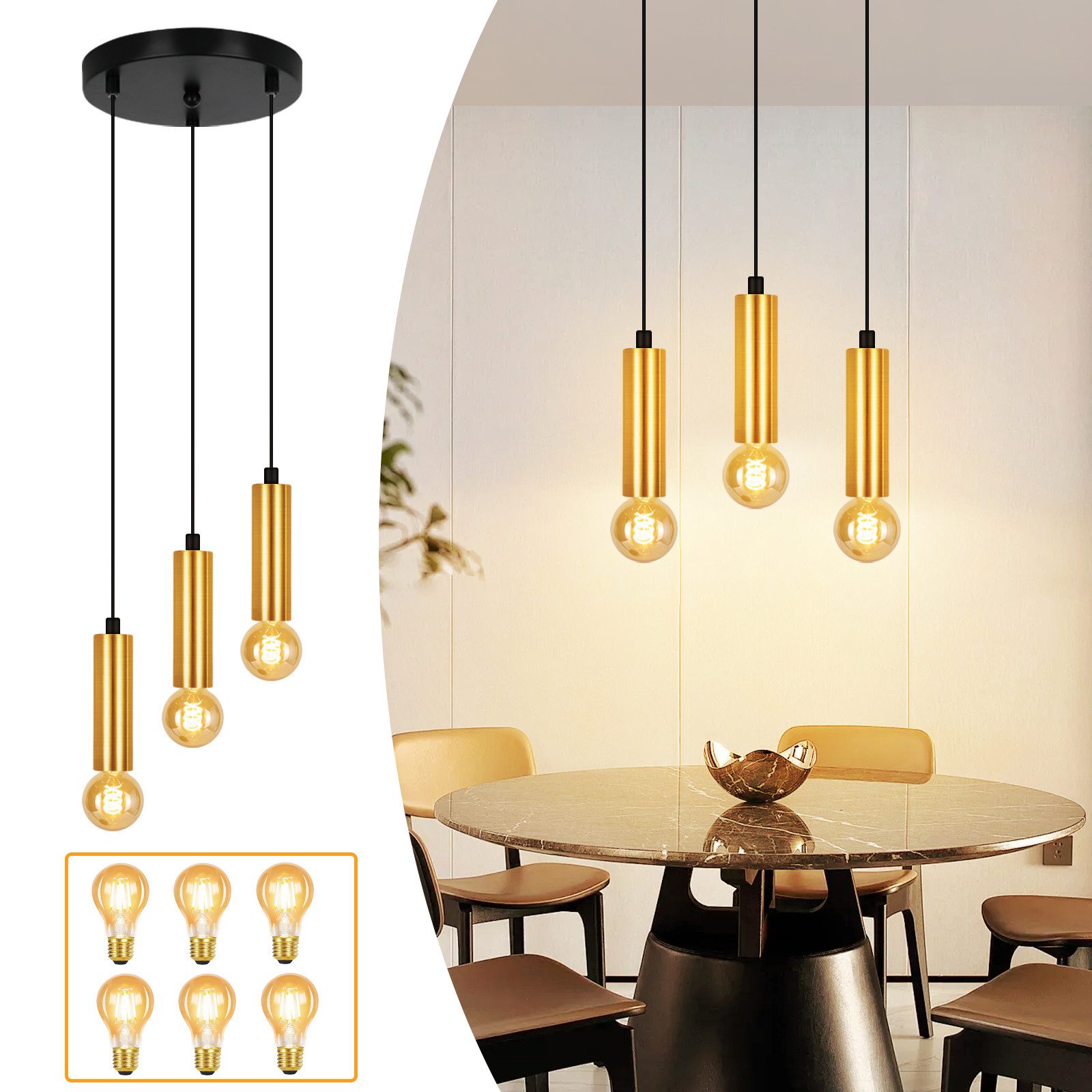 Nettlife Hängeleuchte Schwarz Gold E27 3 Flammig Esstisch Pendelleuchte Ind günstig online kaufen