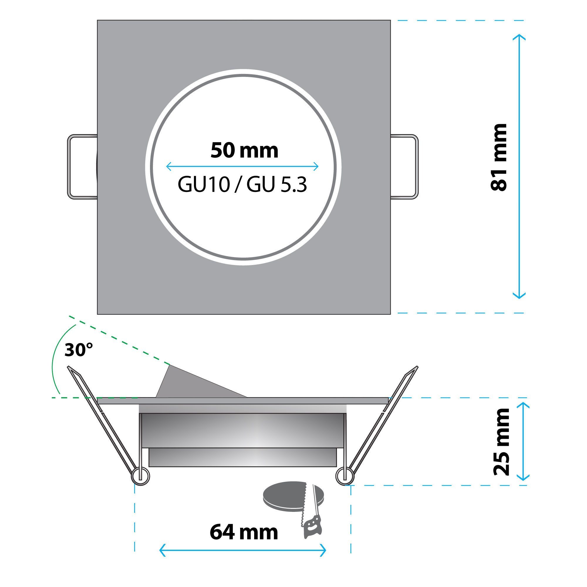 ohne Einbauleuchte 405A, chrom Leuchtmittel, GU10, Einbauspot, Rahmen, MR16 Deckenspot, Einbauleuchte, Maxkomfort Strahler, Rostfrei,