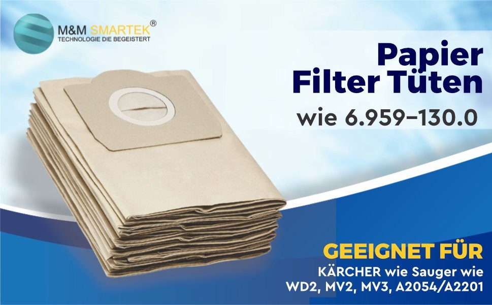 M&M Smartek Staubsaugerbeutel 10x / wie Kärcher MV3, Papier-Filter-Tüten SE4001, AXXXX, MV-Serie, für Filterleistung, 69591300, passend WD-Serie, Kärcher hohe 10 6.959-130.0 St., Reißfestigkeit hervorragender A-Serie, für Nass-/Trockensauger WD3