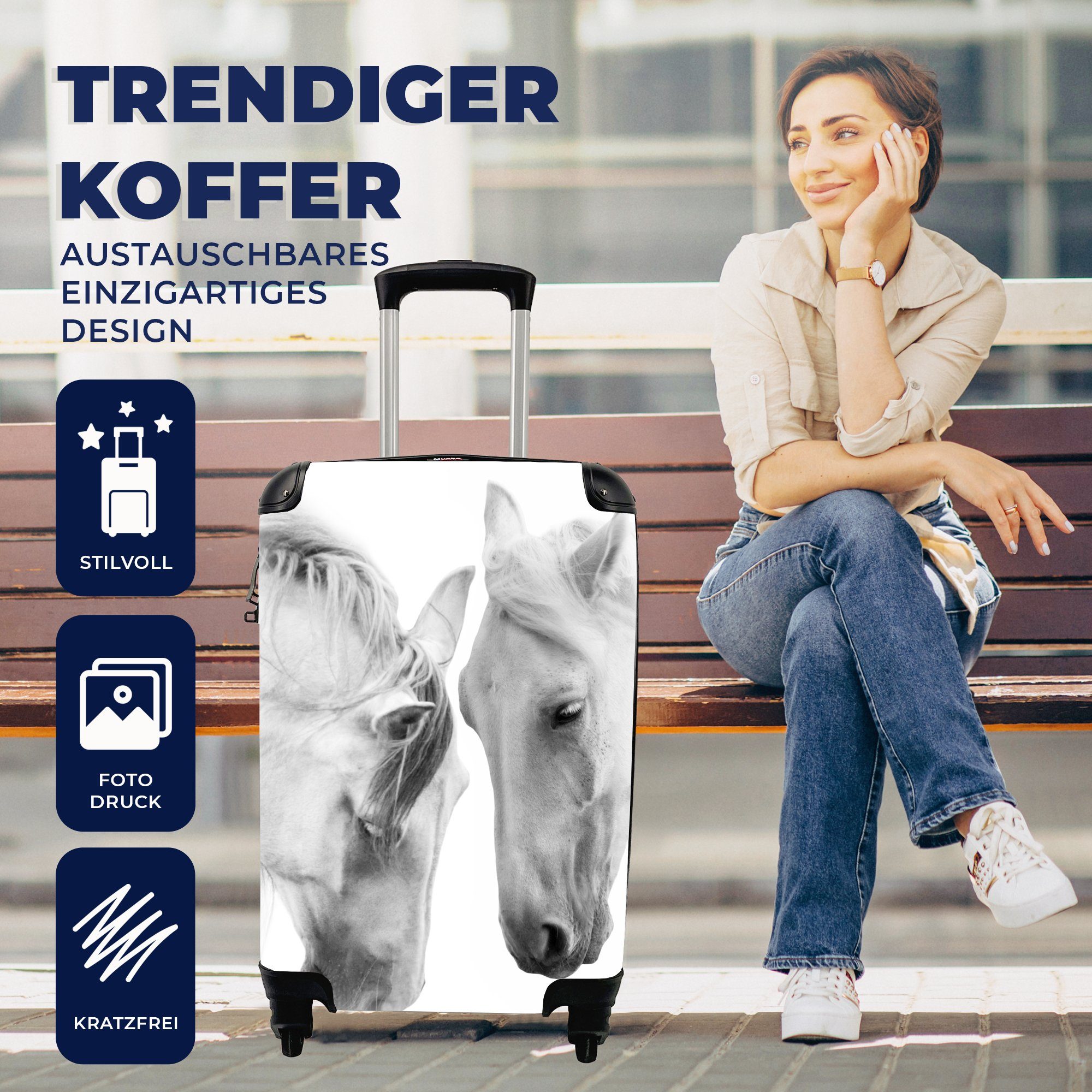 4 Pferd für Reisekoffer - Trolley, Porträt - Reisetasche mit Handgepäck Handgepäckkoffer MuchoWow Ferien, Tiere Weiß, rollen, Rollen, -