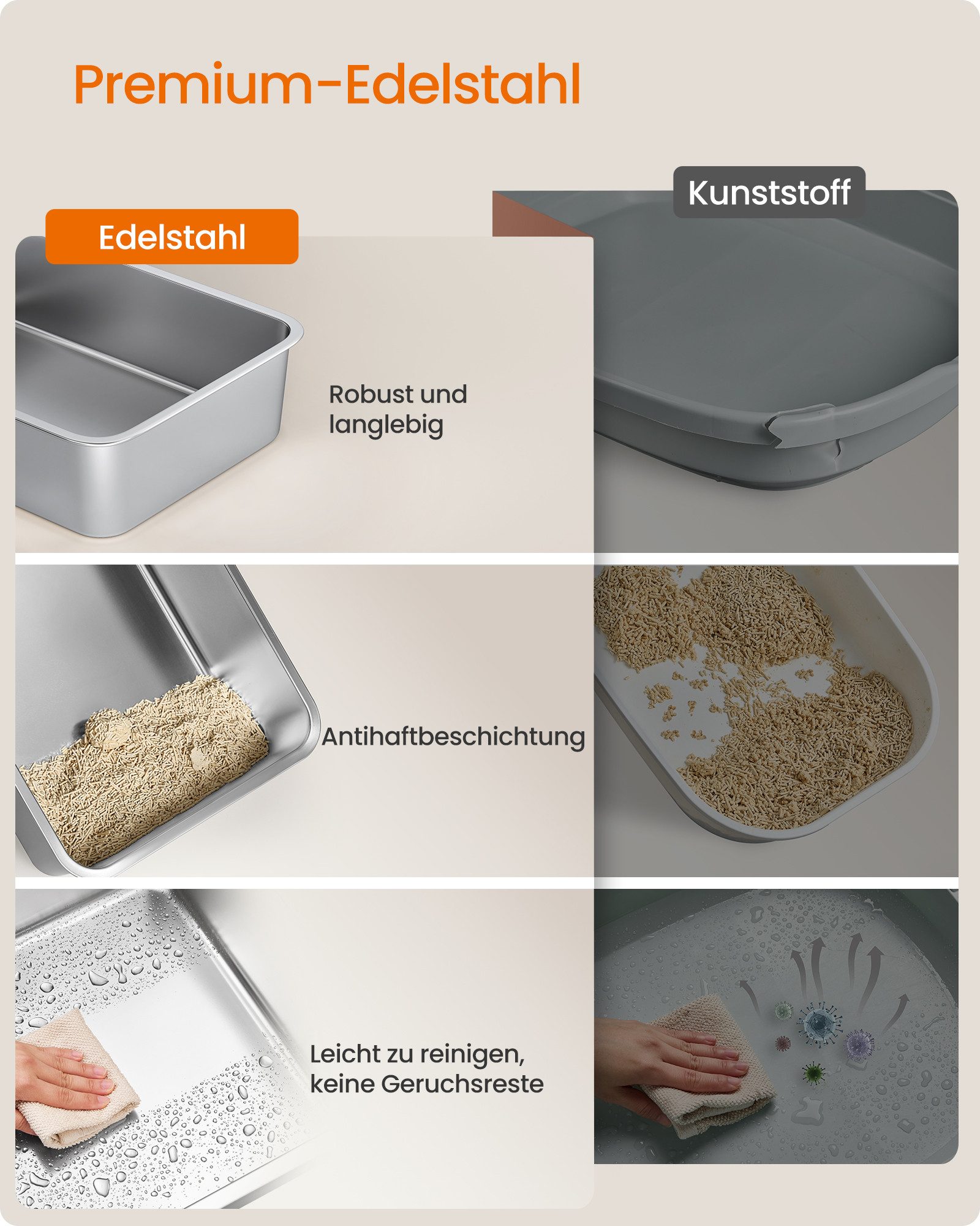 FEANDREA Katzentoilette Edelstahl, mit hohen Seitenwänden, Trittstufe, Schaufel, Bürste, offenes Design, für Katzen bis zu 15 kg, 62 x 42 x 30 cm (L x B x H)