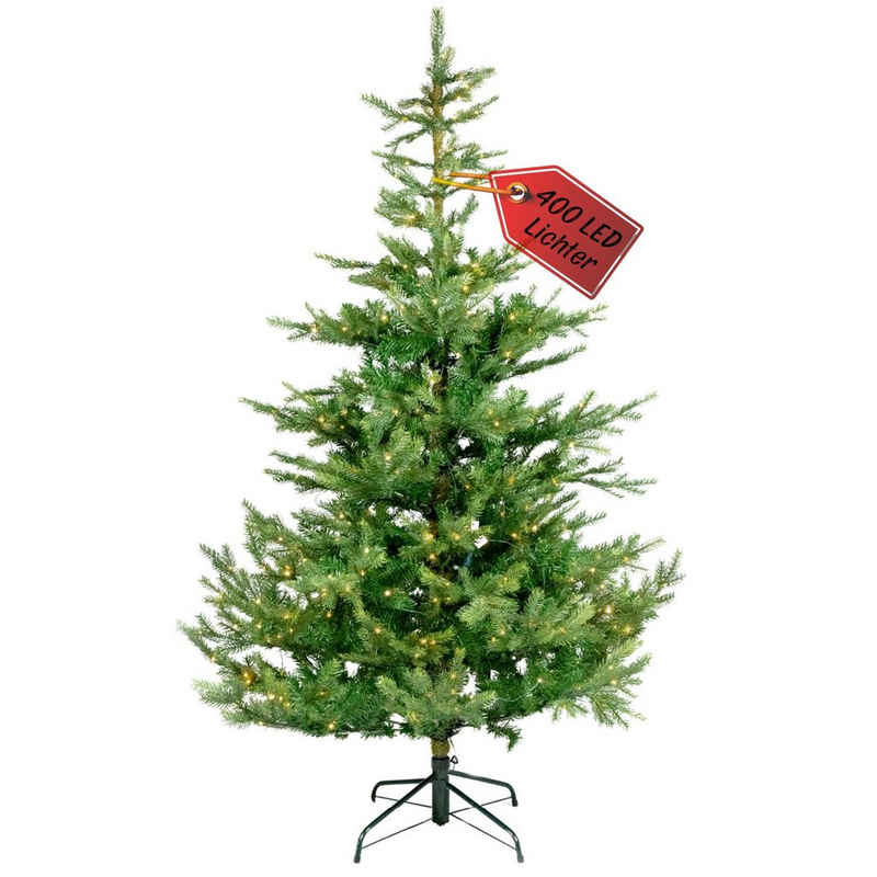 BoomDing Künstlicher Weihnachtsbaum »Tannenbaum Weihnachtsbaum mit LED - 180 oder 210 cm Höhe mit Ständer«, Christbaum mit Metallständer und wünderschöner LED Beleuchtung