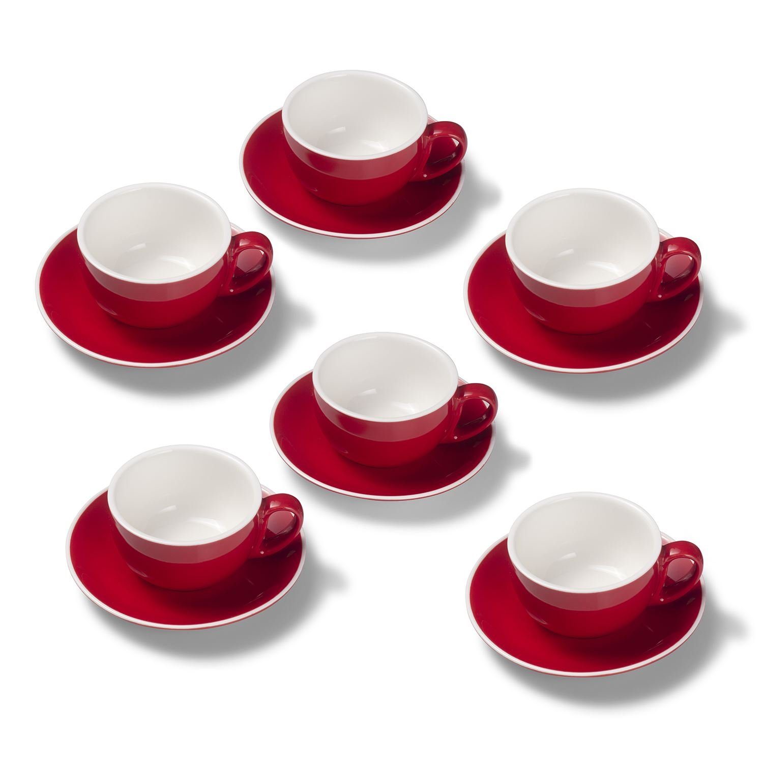 Terra Home Tasse 6er Milchkaffeetassen-Set, Rot glossy 350 ml mit Untertasse, Porzellan, spülmaschinenfest,extra dickwandig