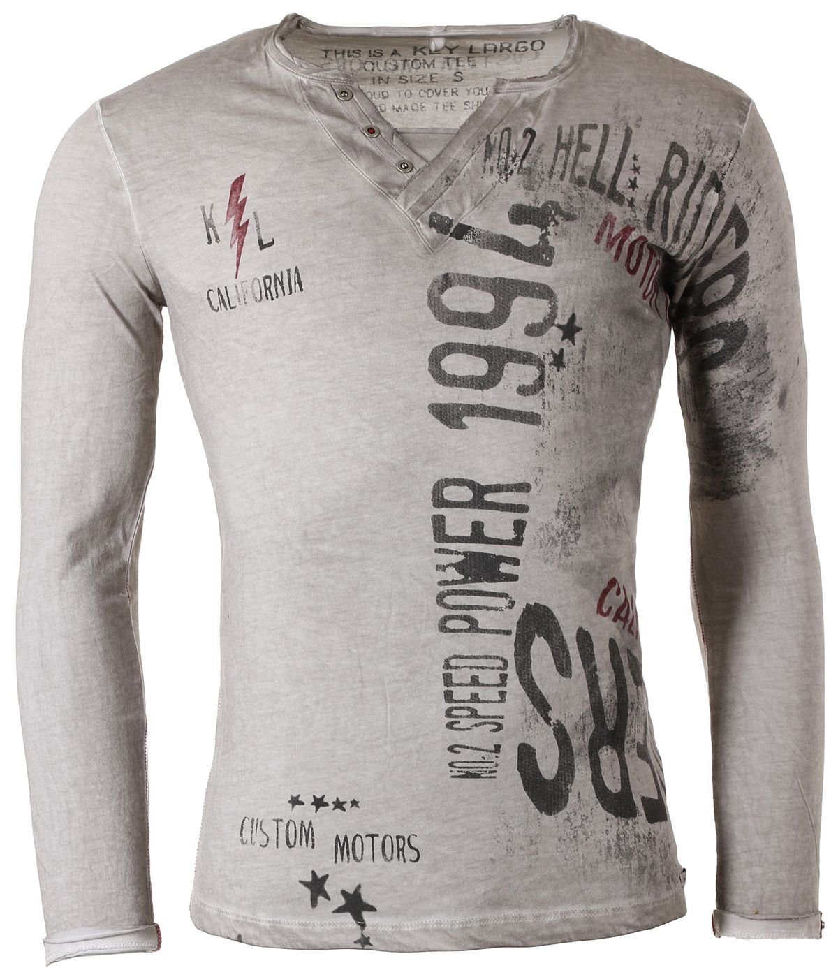 Key Largo Langarmshirt für Herren Speed button vintage Look MLS00034 V-Auschnitt bedruckt langarm slim fit