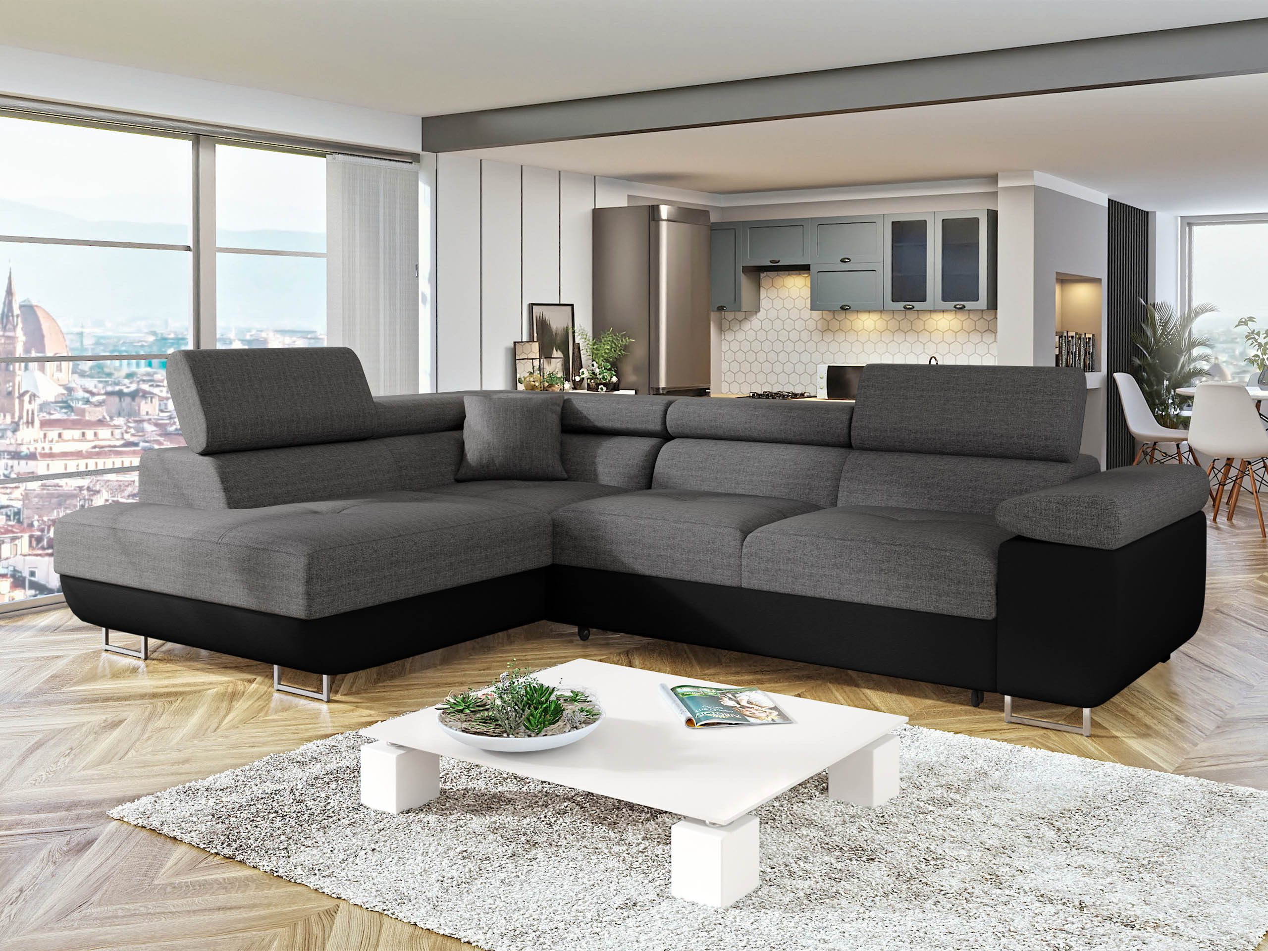 MIRJAN24 Ecksofa Torezio, mit Bettkasten und Schlaffunktion, Einstellbare Kopfstützen, 274x203x70-90 cm