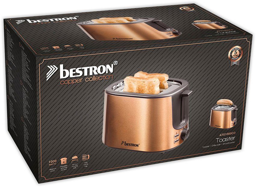 bestron Toaster ATS1000CO, 2 kurze 2 für 1000 Scheiben, Kupfer-Optik Schlitze, in Edelstahl Brötchen-Röstaufsatz, W, und Krümelschublade